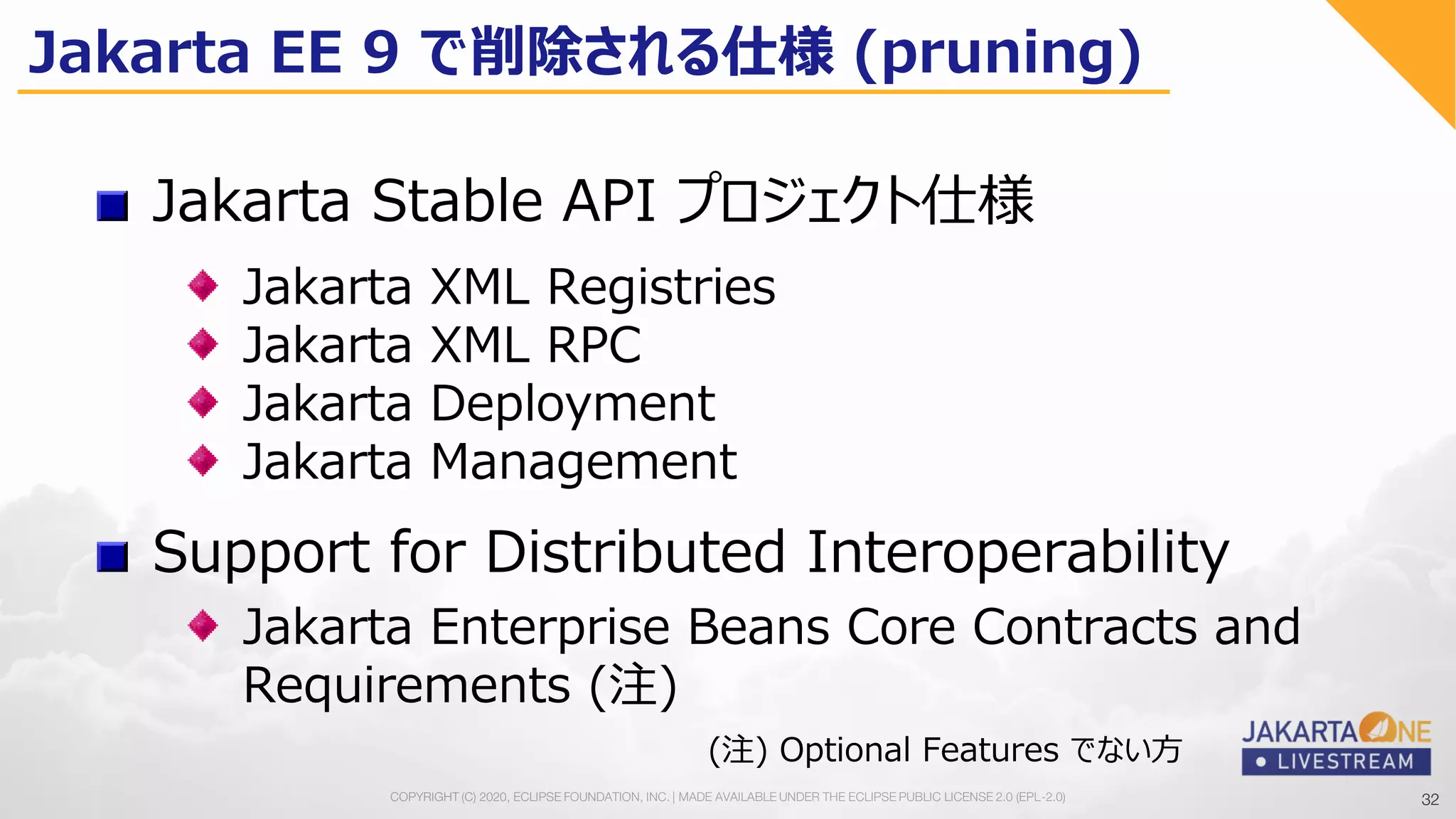 32COPYRIGHT (C) 2020, ECLIPSE FOUNDATION, INC. | MADE AVAILABLE UNDER THE ECLIPSE PUBLIC LICENSE 2.0 (EPL-2.0) 32
Jakarta XML Registries
Jakarta XML RPC
Jakarta Deployment
Jakarta Management
(注) Optional Features でない方
Jakarta Stable API プロジェクト仕様
Support for Distributed Interoperability
Jakarta Enterprise Beans Core Contracts and
Requirements (注)
Jakarta EE 9 で削除される仕様 (pruning)
 