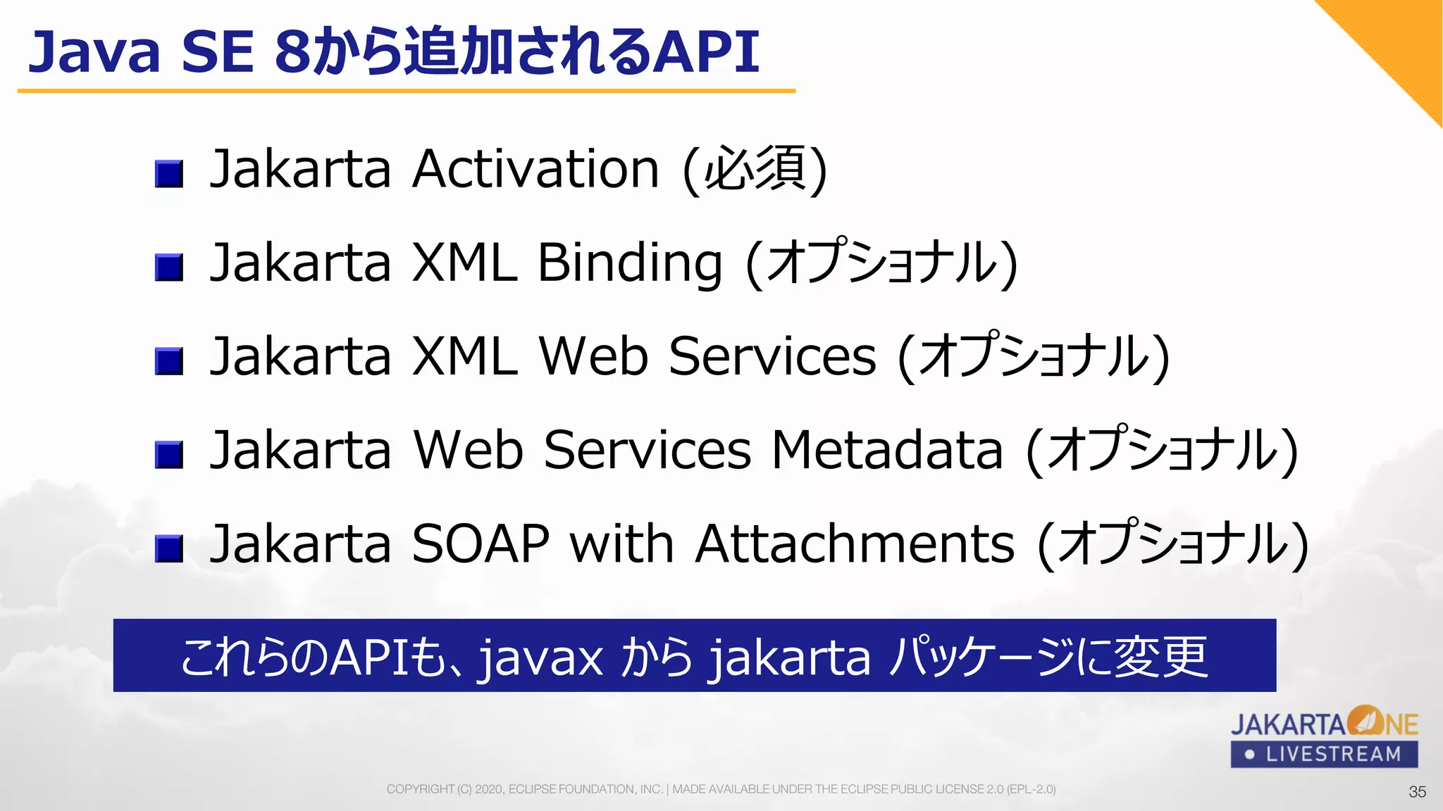35COPYRIGHT (C) 2020, ECLIPSE FOUNDATION, INC. | MADE AVAILABLE UNDER THE ECLIPSE PUBLIC LICENSE 2.0 (EPL-2.0) 35
Jakarta Activation (必須)
Jakarta XML Binding (オプショナル)
Jakarta XML Web Services (オプショナル)
Jakarta Web Services Metadata (オプショナル)
Jakarta SOAP with Attachments (オプショナル)
これらのAPIも、javax から jakarta パッケージに変更
Java SE 8から追加されるAPI
 
