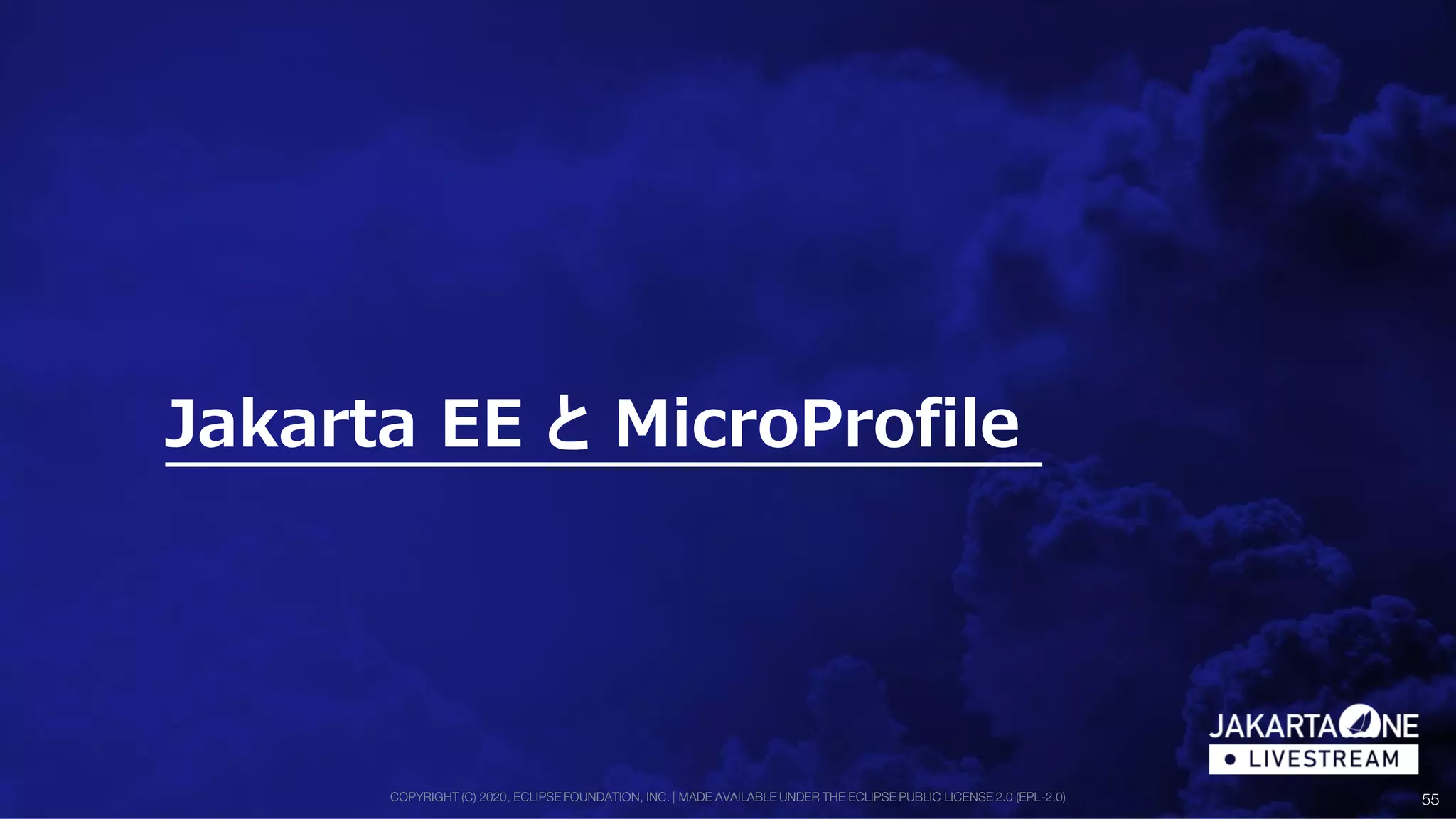 COPYRIGHT (C) 2020, ECLIPSE FOUNDATION, INC. | MADE AVAILABLE UNDER THE ECLIPSE PUBLIC LICENSE 2.0 (EPL-2.0) 55
Jakarta EE と MicroProfile
 