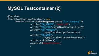 MySQL Testcontainer (2)
@Container
GenericContainer appContainer = new
GenericContainer(DockerImageName.parse(“fturizo/mya...