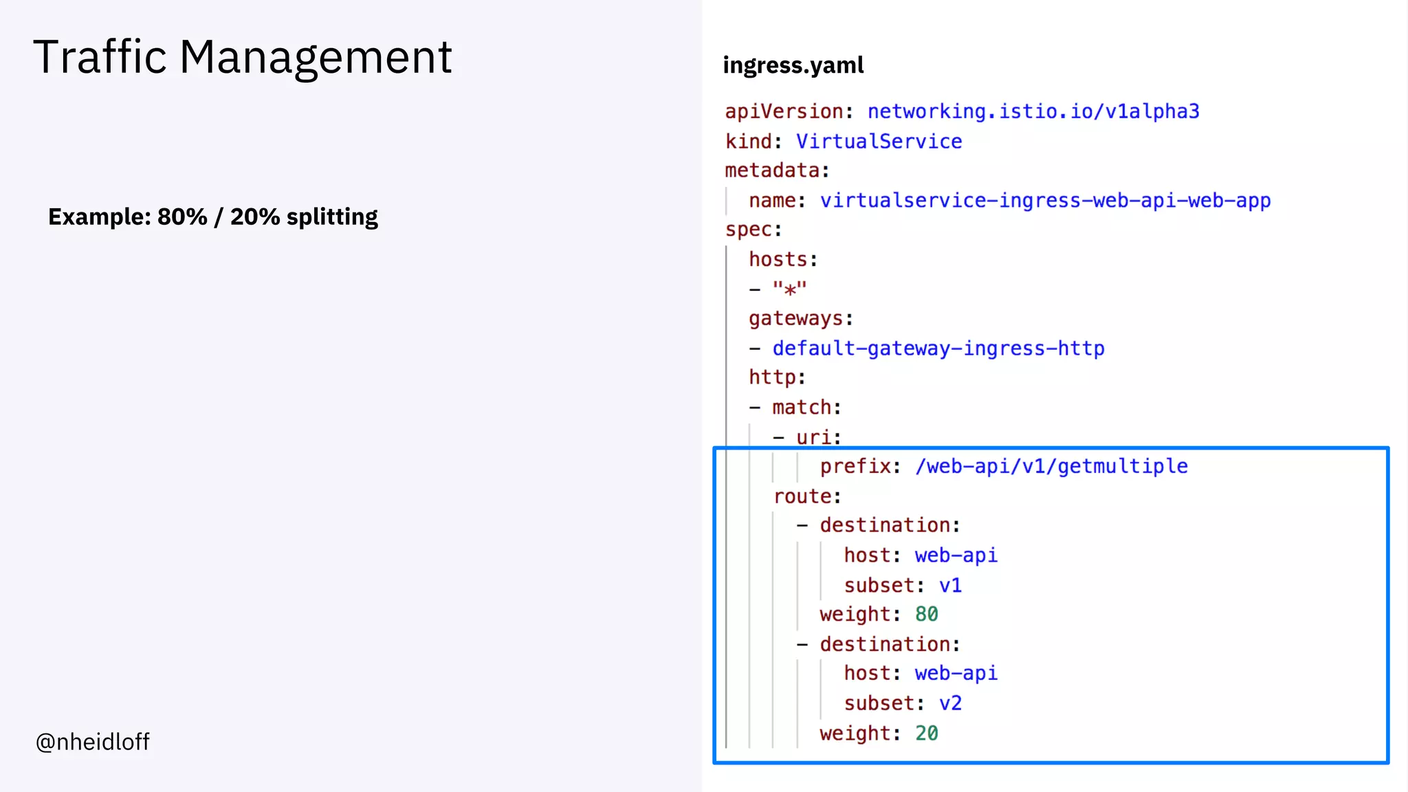 Traffic Management
Example: 80% / 20% splitting
ingress.yaml
@nheidloff
 