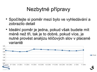 Nezbytné přípravy

    Spočítejte si poměr mezi bylo ve vyhledávání a
    zobrazilo detail

    Ideální poměr je jedna, pokud však budete mít
    méně než tři, tak je to dobré, pokud více, je
    nutné provést analýzu klíčových slov v placené
    variantě
 
