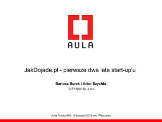 JakDojade.pl - pierwsze dwa lata start-up'u
Bartosz Burek i Artur Szychta
CITY-NAV Sp. z o.o.
Aula Polska #56, 18 listopad 2010 rok, Warszawa
 