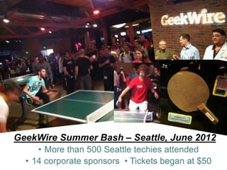 GeekWire Summer Bash – Seattle, June 2012
• More than 500 Seattle techies attended
• 14 corporate sponsors • Tickets began at $50
 