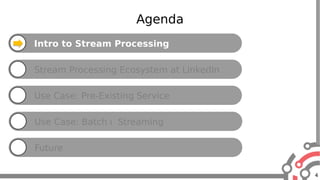4
Agenda
Intro to Stream Processing
Stream Processing Ecosystem at LinkedIn
Use Case: Pre-Existing Service
Use Case: Batch  Streaming
Future
 