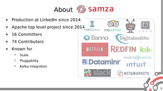 5
About
● Production at LinkedIn since 2014
● Apache top level project since 2014
● 16 Committers
● 74 Contributors
● Known for
 Scale
 Pluggability
 Kafka integration
 
