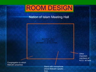 ROOM DESIGN Congregation to which Malcolm preached. Stand with microphone where Malcolm speaks from. Other important members of N.O.I. sit here. Nation of Islam Meeting Hall 