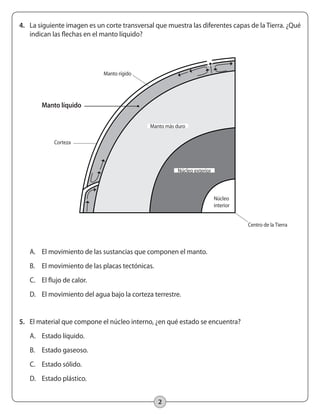 2
4.	 La siguiente imagen es un corte transversal que muestra las diferentes capas de la Tierra. ¿Qué
indican las flechas en el manto líquido?
A.	 El movimiento de las sustancias que componen el manto.
B.	 El movimiento de las placas tectónicas.
C.	 El flujo de calor.
D.	 El movimiento del agua bajo la corteza terrestre.
5.	 El material que compone el núcleo interno, ¿en qué estado se encuentra?
A.	 Estado líquido.
B.	 Estado gaseoso.
C.	 Estado sólido.
D.	 Estado plástico.
Manto líquido
Manto rígido
Corteza
Manto más duro
Núcleo exterior
Núcleo
interior
Centro de la Tierra
 