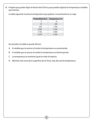 3
6.	 Imagina que puedes bajar al interior de laTierra y que puedes registrar la temperatura a medida
que avanzas.
La tabla siguiente muestra la temperatura que podrías ir encontrando en tu viaje.
Profundidad (km) Temperatura (ºC)
0 10
70 200
650 1.700
2.900 3.500
5.100 4.000
6.378 6.700
De acuerdo a la tabla se puede afirmar:
A.	 A medida que te acercas al núcleo la temperatura va aumentando.
B.	 A medida que te acercas al núcleo la temperatura va disminuyendo.
C.	 La temperatura se mantiene igual en todo el trayecto.
D.	 Mientras más cerca de la superficie de la Tierra, más alta será la temperatura.
 