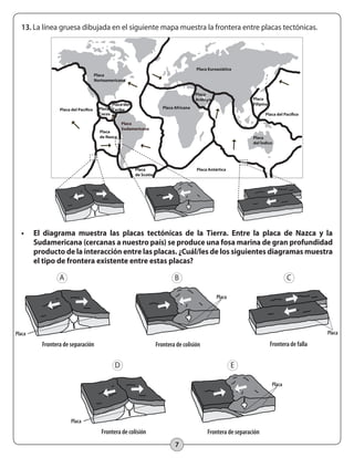 13.	La línea gruesa dibujada en el siguiente mapa muestra la frontera entre placas tectónicas.
•	 El diagrama muestra las placas tectónicas de la Tierra. Entre la placa de Nazca y la
Sudamericana (cercanas a nuestro país) se produce una fosa marina de gran profundidad
producto de la interacción entre las placas. ¿Cuál/les de los siguientes diagramas muestra
el tipo de frontera existente entre estas placas?
Frontera de colisión Frontera de fallaFrontera de separación
Placa
Placa
Placa
A B C
Placa
de Scotia
Placa Antártica
Placa
Filipina
Placa
Arábiga
Placa del
Caribe
Placa
Sudamericana
Placa Euroasiática
Placa Africana
Placa
Norteamericana
Placa
del Índico
Placa
de Nazca
Placa
Cocos
a
Frontera de separaciónFrontera de colisión
Placa
Placa
D E
7
 