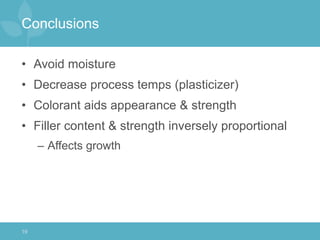 Conclusions
• Avoid moisture
• Decrease process temps (plasticizer)
• Colorant aids appearance & strength
• Filler content...