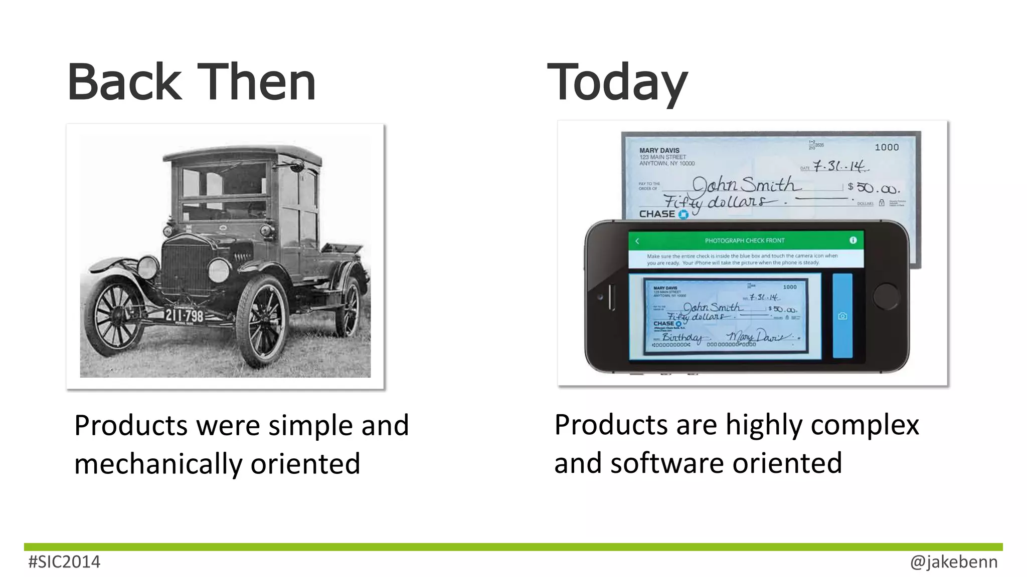 Back Then Today 
Products were simple and 
mechanically oriented 
Products are highly complex 
and software oriented 
#SIC2014 @jakebenn 
 