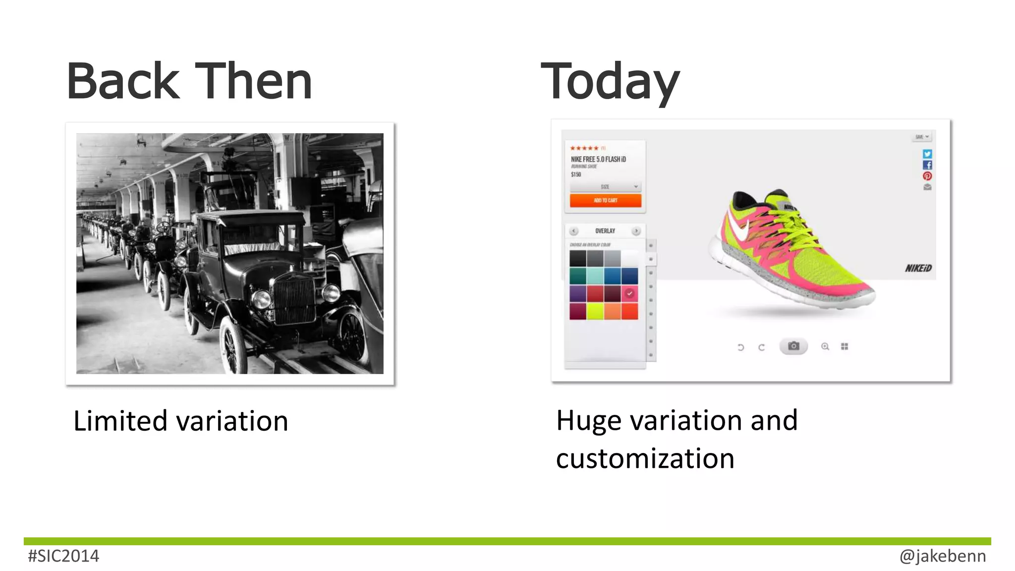 Back Then Today 
Limited variation Huge variation and 
customization 
#SIC2014 @jakebenn 
 