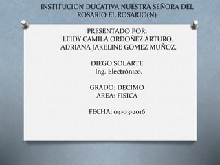 INSTITUCION DUCATIVA NUESTRA SEÑORA DEL
ROSARIO EL ROSARIO(N)
PRESENTADO POR:
LEIDY CAMILA ORDOÑEZ ARTURO.
ADRIANA JAKELINE GOMEZ MUÑOZ.
DIEGO SOLARTE
Ing. Electrónico.
GRADO: DECIMO
AREA: FISICA
FECHA: 04-03-2016
 