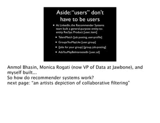 Aside: “users” don’t
have to be users

• At LinkedIn, the Recommender Systems
team built a general-purpose entity-toentity RecSys: Product [user, item]

•
•
•
•

TalentMatch [job posting, user-proﬁle]
GroupsYouMayLike [user, group]
{Jobs for your group} [group, job-posting]
AdsYouMayBeInterestedIn [user, ad]

Anmol Bhasin, Monica Rogati (now VP of Data at Jawbone), and
myself built...
So how do recommender systems work?
next page: “an artists depiction of collaborative ﬁltering”

 