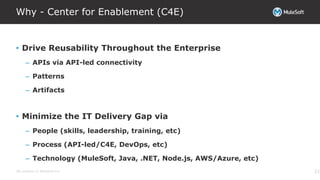 All contents © MuleSoft Inc.
Why - Center for Enablement (C4E)
• Drive Reusability Throughout the Enterprise
– APIs via API-led connectivity
– Patterns
– Artifacts
• Minimize the IT Delivery Gap via
– People (skills, leadership, training, etc)
– Process (API-led/C4E, DevOps, etc)
– Technology (MuleSoft, Java, .NET, Node.js, AWS/Azure, etc)
21
 