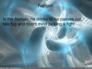 Nelson

Is the Alcholic he drinks till he passes out,
hes big and dosnt mind picking a fight
 