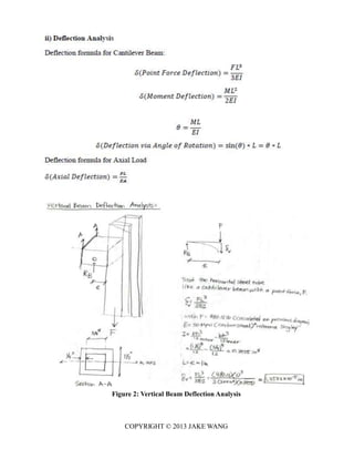 ii) Deflection Analysis
Deflection formula for Cantilever Beam:
𝛿𝛿(𝑃𝑃𝑃𝑃𝑃𝑃𝑛𝑛𝑃𝑃𝐹𝐹𝑃𝑃𝑟𝑟𝑀𝑀𝐹𝐹𝐷𝐷𝐹𝐹𝐷𝐷𝐷𝐷𝐹𝐹𝑀𝑀𝑃𝑃𝑃𝑃𝑃𝑃𝑛𝑛) =
𝐹𝐹𝐿𝐿3
3𝐸𝐸𝐼𝐼
𝛿𝛿(𝑀𝑀𝑃𝑃𝑀𝑀𝐹𝐹𝑛𝑛𝑃𝑃𝐷𝐷𝐹𝐹𝐷𝐷𝐷𝐷𝐹𝐹𝑀𝑀𝑃𝑃𝑃𝑃𝑃𝑃𝑛𝑛) =
𝑀𝑀𝐿𝐿2
2𝐸𝐸𝐼𝐼
𝜃𝜃=
𝑀𝑀𝐿𝐿
𝐸𝐸𝐼𝐼
𝛿𝛿(𝐷𝐷𝐹𝐹𝐷𝐷𝐷𝐷𝐹𝐹𝑀𝑀𝑃𝑃𝑃𝑃𝑃𝑃𝑛𝑛𝑣𝑣𝑃𝑃𝑣𝑣𝐴𝐴𝑛𝑛𝐴𝐴𝐷𝐷𝐹𝐹𝑃𝑃𝐷𝐷𝑅𝑅𝑃𝑃𝑃𝑃𝑣𝑣𝑃𝑃𝑃𝑃𝑃𝑃𝑛𝑛) = sin(𝜃𝜃) ∗ 𝐿𝐿= 𝜃𝜃∗ 𝐿𝐿
Deflection formula for Axial Load
𝛿𝛿(𝐴𝐴𝐴𝐴𝑃𝑃𝑣𝑣𝐷𝐷𝐷𝐷𝐹𝐹𝐷𝐷𝐷𝐷𝐹𝐹𝑀𝑀𝑃𝑃𝑃𝑃𝑃𝑃𝑛𝑛) = 𝑃𝑃𝑃𝑃
𝐸𝐸𝐴𝐴
Figure 2: Vertical Beam Deflection Analysis
COPYRIGHT © 2013 JAKE WANG
 