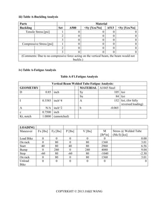 COPYRIGHT © 2013 JAKE WANG
iii) Table A-Buckling Analysis
iv) Table A-Fatigue Analysis
Table A-F1.Fatigue Analysis
Parts Material
Buckling Set A500 <Sy [Yes/No] A513 <Sy [Yes/No]
Tensile Stress [psi] 1 0 0 0 0
2 0 0 0 0
3 0 0 0 0
Compressive Stress [psi] 1 0 0 0 0
2 0 0 0 0
3 0 0 0 0
(Comments: Due to no compressive force acting on the vertical beam, the beam would not
buckle.)
Vertical Beam Welded Tube Fatigue Analysis:
GEOMETRY MATERIAL A1045 Steel
D 0.85 inch Sy 105 ksi
Su 84 ksi
I 0.3385 inch^4 A 152 ksi, (for fully
reversed loading)
A N/A inch^2 b -0.065
c 0.7500 inch
Kt, notch 1.0000 (unnotched)
LOADING
Maneuver Fx [lbs] Fy [lbs] P [lbs] V [lbs] M
[lb*in]
Stress @ Welded Tube
(Mc/I) [ksi]
Load Bike 0 0 0 0 0 0.00
On rack 0 80 0 80 1360 3.01
Start 40 80 40 80 2960 6.56
Bump 0 240 0 240 4080 9.04
Stop -60 80 -60 80 -1040 -2.30
On rack 0 80 0 80 1360 3.01
Unload
Bike
0 0 0 0 0 0
 