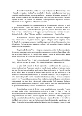 De acordo com a Cabala, a letra Yod é um sinal com duas determinações: - uma
é formada e revelada, o sinal de Yod desenhado (o desenho original do sinal é um braço
estendido, transformado em um ponto, a direção é uma mão fechada em um punho); O
outro não está formado e nem revelado, o ponto conceitual propriamente dito. Estes dois
aspectos da letra Yod também são chamados “desbloqueado ou implantado” ou real e
“bloqueado ou não implantado, substancial” ou irreal.
O ponto primordial é o resultado da ablação divina chamada "tsimtsum" a partir
da qual o universo é criado. Na Árvore da Vida, este ponto, Yod, colocado ao nível da
Sabedoria (Chokhmah), emite duas luzes das quais uma, infinita, desaparece. A luz finita
desce e revela o sinal explícito de Yod, pelo qual o universo e seus conteúdos existem e
são tangíveis. É a coluna Yakin que também é traduzida como: - ela estabelece.
De acordo com a Tradição, o ponto inicial se desdobrou como uma linha para
baixo em um sinal de Vav, depois em uma segunda linha para formar um plano, o sinal
de Daleth. E, pouco a pouco, o ponto inicial é a origem de todas as letras e escritas. Mas,
além disso, o Yod revela-se em sua escrita explícita "yod-vav-daleth", para nos confirmar
sua implantação progressiva.
O significado da letra Yod é o braço e, por extensão, a mão. As duas mãos juntas
formam um lugar de encontro; ambas as mãos cruzadas, um vínculo de fraternidade; mãos
abertas, a imagem de apoio, de compreensão; A mão é o sinal de ação e reação. A mão
indica, materializa e faz existir um conceito ou uma ideia.
O valor da letra Yod é 10 (dez), retorna à unidade por dualidade e multiplicidade.
Há dez palavras criativas do mundo e dez mandamentos para a sua manutenção.
A letra Beth, inicial de Boaz representa a condensação do adquirido, a
interiorização da Luz. Para que a energia se manifeste, em qualquer nível, deve passar
por uma fase de internalização e condensação. Esta condensação da Força Primordial
produz Amor. No nível humano, é um amor não revelado, mas que, agindo a partir do
interior faz avançar no caminho da obra. A letra Beth simboliza a casa, o receptáculo da
força criativa de yod. De acordo com este simbolismo das letras, o iniciado deve passar
primeiro por Yod, entidade masculina, força produtiva, racionalidade no conhecimento,
então, quando ele puder ler e escrever, ele poderá abordar Beth, elemento feminino,
despertando o amor não mais passional e, então, construa sua Casa, seu templo interior
no qual o trabalho da força criadora se desenvolverá facilmente.
O significado principal de Beth é a casa, um edifício, uma construção. “... com
sabedoria fundou a terra, com inteligência estabeleceu os céus” (Pv. Cap. 3, Vers. 19).
Beth está no caminho do Discernimento na Árvore da Vida. Esta letra tem a forma de um
abrigo fechado em três lados e aberto à esquerda. Beth, também, é o Templo, o palácio
divino, a manifestação do absoluto. De acordo com a mesma Tradição, os três lados do
sinal Beth representam o que é revelado, o quarto lado não tratado é o segredo ou o selo
divino. De acordo com a tradição da Cabala, Beth tem sua abertura para o norte, de onde
 