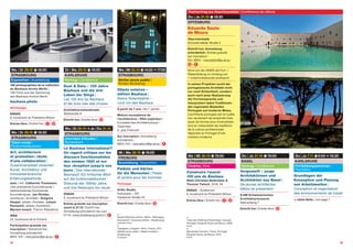 34 35
Do | Je 31.10 © 19:00
BASEL
Vortrag | Conférence
Vorgestellt – junge
Architektinnen und
Architekten aus Basel |
De jeunes architectes
bâlois se présentent
S AM Schweizerisches
Architekturmuseum
Steinenberg 7
Eintritt frei | Entrée libre |
Me | Mi 30.10 © 19:00
STRASBOURG
Cinéma | Kino
Construire l’avenir.
100 ans du Bauhaus
Niels-Christian Bolbrinker &
Thomas Tielsch, 2018, 94’
ENSAS – Auditorium
6, boulevard du Président-Wilson
Entrée libre | Eintritt frei |  + 
Do | Je 7.11 © 9:00 k 16:30
KARLSRUHE
Fortbildungsseminar |
Formation
Grundlagen der
Konzeption und Planung
von Arbeitswelten |
Conception et organisation
des environnements de travail
, siehe Seite | voir page 7
Ma | Di 29.10 © 18:00
STRASBOURG
Exposition | Ausstellung
100 photographies de la collection
du Bauhaus-Archiv Berlin |
100 Fotos aus der Sammlung
des Bauhaus-Archivs Berlin
bauhaus.photo
Vernissage
ENSAS
6, boulevard du Président-Wilson
Entrée libre | Eintritt frei |  + 
Ma | Di 29.10 © 18:30
STRASBOURG
Table ronde |
Podiumsdiskussion
Art, architecture
et promotion : récits
d’une collaboration |
Zusammenarbeit zwischen
Kunst, Architektur und
Immobilienbranche:
Erfahrungsberichte
avec | mit : Catherine Trautmann,
vice-présidente Eurométropole |
stellvertretende Vorsitzende
Eurométropole ; Jan Richter,
architecte | Architekt ; Grégoire
Hespel, artiste | Künstler ; Letizia
Romanini, artiste | Künstlerin ;
Myriam Isnard, Trianon Résidence
INSA
24, boulevard de la Victoire
Participation gratuite sur
inscription | Teilnahme frei,
Anmeldung erforderlich :
MEA | EA – inscription@ja-at.eu |
Di | Ma 29.10 © 19:00
KARLSRUHE
Vortrag | Conférence
Dust & Data – 100 Jahre
Bauhaus und die drei
Leben der Dinge |
Les 100 ans du Bauhaus
et les trois vies des choses
Architekturschaufenster
Waldstraße 8
Eintritt frei | Entrée libre |
Ma | Di 29.10 k Je | Do 31.10
STRASBOURG
Journées d’études |
Symposium
Le Bauhaus international ?
Un regard critique sur les
discours fonctionnalistes
des années 1920 et sur
leur réception jusqu’à nos
jours | Das internationale
Bauhaus? Ein kritischer Blick
auf die funktionalistischen
Diskurse der 1920er Jahre
und ihre Resonanz bis heute
ENSAS
6, boulevard du Président-Wilson
Entrée gratuite sur inscription
avant le 27.10 | Eintritt frei,
Anmeldung erforderlich bis zum
27.10 : www.strasbourg.archi.fr |
Me | Mi 30.10 © 14:00 k 17:00
STRASBOURG
Atelier jeune public |
Kinder-Workshop
Objets solaires –
édition Bauhaus |
Kleine Solarobjekte –
rund um das Bauhaus
À partir de 7 ans | Ab 7 Jahren
Maison européenne de
l’architecture – Rhin supérieur |
Europäisches Architekturhaus –
Oberrhein
6, quai Finkmatt
Sur inscription | Anmeldung
erforderlich :
MEA | EA – inscription@ja-at.eu |
Mi | Me 30.10 © 18:00
FREIBURG
Ausstellung | Exposition
Paläste und Gärten
für die Menschen | Palais
et jardins pour les hommes
Finissage
ArtEx Studio
Kulturpark – 301
Haslacher Straße 43
Eintritt frei | Entrée libre |
Do | Je 31.10 © 18:30
OFFENBURG
Eduardo Souto
de Moura
Oberrheinhalle
Schutterwälder Straße 3
Eintritt frei, Anmeldung
erforderlich | Entrée gratuite
sur inscription :
EA | MEA – inscription@ja-at.eu
 + 
Wird von der AKBW als Fort- /
Weiterbildung im Umfang von
1 Unterrichtsstunde anerkannt.
In seinen Projekten sucht der
portugiesische Architekt nicht
nur nach Einfachheit, sondern
auch nach einer Reduzierung
der Formensprache und
interpretiert dabei Traditionen
der regionalen Baukultur
Portugals auf moderne Weise.
L’architecte portugais est en quête
non seulement de simplicité mais
aussi de formes plus minimalistes
tout en interprétant les traditions
de la culture architecturale
régionale du Portugal d’une
manière moderne.
Festvortrag zur Abschlussfeier | Conférence de clôture
b
Musée Bauhaus-Archiv, Berlin, Allemagne
(Exposition « bauhaus.photo », Strasbourg)
© Karsten Hintz
h
Casagami, Litogami, Paris, France, 2017
(Atelier jeune public « Objets solaires »,
Strasbourg)
© Litogami
j
Casa das Histórias Paula Rego, Cascais,
Portugal, Eduardo Souto de Moura, 2009
© LFA
j
Bernardas Convent, Tavira, Portugal,
Eduardo Souto de Moura, 2012
© LFA
 