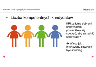 Mierniki, które są więcej niż raportowaniem
• Liczba kompetentnych kandydatów
KPI: z iloma dobrymi
kandydatami
powinniśmy się
spotkać, aby zatrudnić
kandydata?
 Wiesz jak
intensywny powinien
być sourcing
 