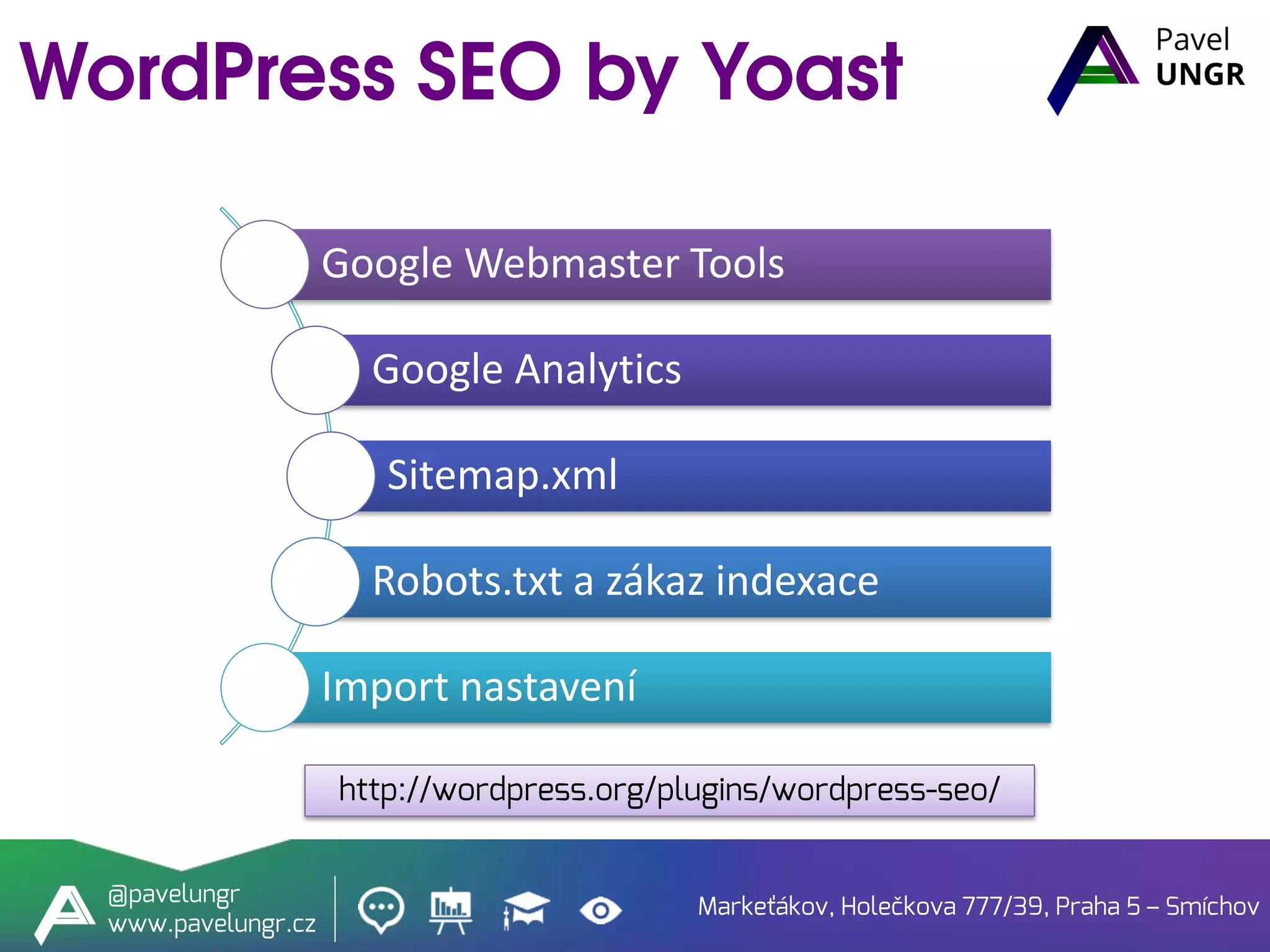 Markeťákov, Holečkova 777/39, Praha 5 – Smíchov
@pavelungr
www.pavelungr.cz
http://wordpress.org/plugins/wordpress-seo/
Google Webmaster Tools
Google Analytics
Sitemap.xml
Robots.txt a zákaz indexace
Import nastavení
 