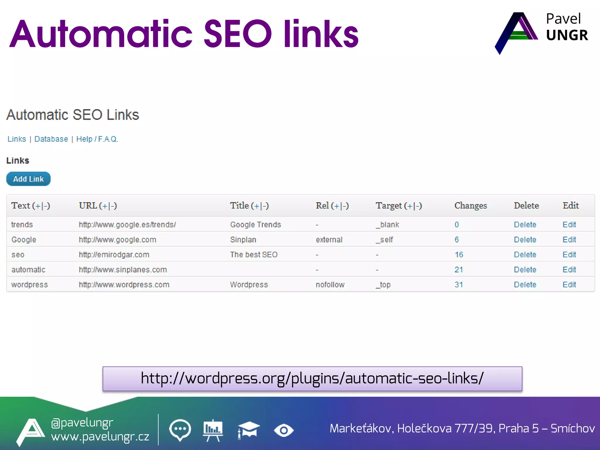 Markeťákov, Holečkova 777/39, Praha 5 – Smíchov
@pavelungr
www.pavelungr.cz
http://wordpress.org/plugins/automatic-seo-links/
 