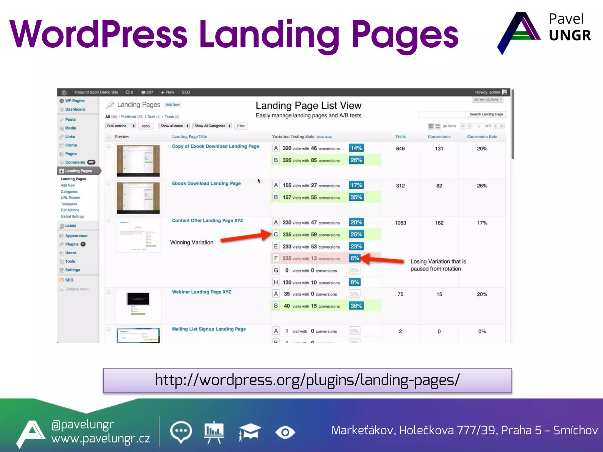 Markeťákov, Holečkova 777/39, Praha 5 – Smíchov
@pavelungr
www.pavelungr.cz
http://wordpress.org/plugins/landing-pages/
 