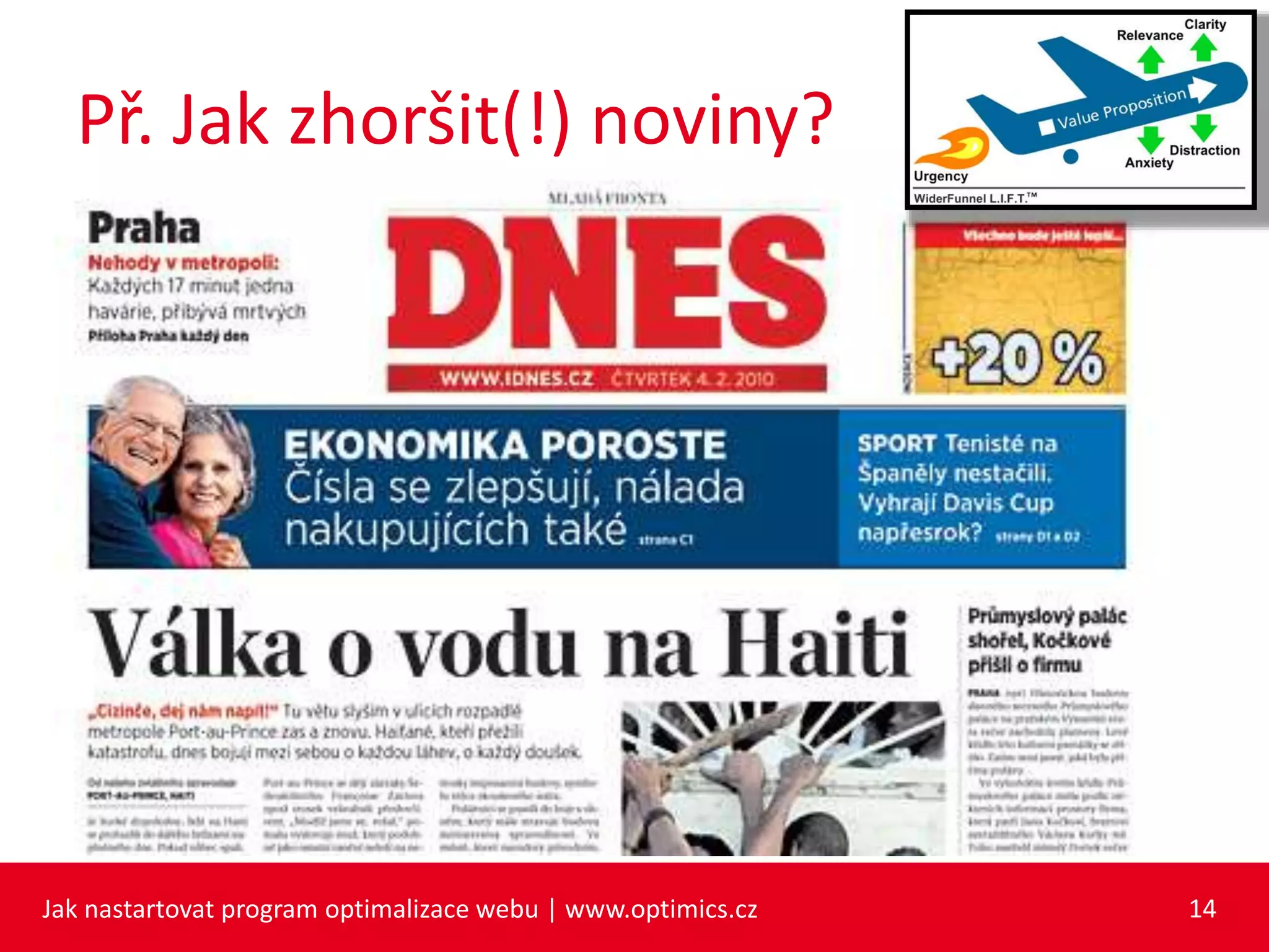 Př. Jak zhoršit(!) noviny?
Jak nastartovat program optimalizace webu | www.optimics.cz 14
 