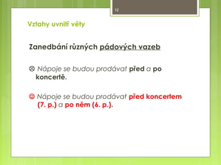 12

Vztahy uvnitř věty

Zanedbání různých pádových vazeb
 Nápoje se budou prodávat před a po
koncertě.
 Nápoje se budou prodávat před koncertem
(7. p.) a po něm (6. p.).

 