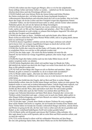 [154,01] Alle richten nun ihre Augen gen Morgen, allwo es wie bei der aufgehenden
Sonne anfängt, lichter und immer lichter zu werden, – natürlich nur für die innerste Sehe,
obschon durch diese auch das Fleischauge affiziert wird.
[154,02] Endlich nach einer kleinen Weile des Immer-lichter-und-lichter-Werdens
des Ostens erscheinen drei, viel heller denn die Sonne leuchtende Gestalten in
vollkommenster Menschenform und schweben durch die Luft zu uns herüber. Aber im Lichte
dieser drei Engel, die da des Lichtes und ihrer Festigkeit wegen den allgemeinen Namen
„Cherubim“ haben, war die Geisterwelt kaum mehr zu sehen, und die Geister sahen unsteten
Nebelchen gleich, die sich um die Spitzen der Berge herumlagern.
[154,03] Als die drei Cherubim vollends bei uns waren, milderten sie ein wenig ihr
Licht, warfen sich vor Mir auf ihre Angesichter und sprachen: „Herr! Wer in allen ewig
unendlichen Himmeln ist wohl würdig, zu schauen Dein heiligstes Angesicht? Dir allein gilt
alle Ehre der Ewigkeit und Unendlichkeit!“
[154,04] Ich aber sagte zu ihnen: „Verhüllet euch und eilet hinab, allwo Meine zwölf
Boten weilen an einem Orte! Sie haben Meinen Willen erfüllt, und es ist genug damit; darum
holet sie und bringet sie hierher!“
[154,05] In diesem Augenblick verhüllen sich die drei Engel, entfernen sich schnell
und in kurzer Zeit von wenigen Augenblicken bringen sie durch die Luft die zwölf
Ausgesandten zu Mir auf die Spitze des Berges.
[154,06] Die Zwölfe aber waren bis auf den Judas voll Freuden, daß sie nun auf eine
so wunderbare Weise von weit her zu Mir gebracht worden sind.
[154,07] Nur der Judas sagte: „Für solch eine Reise bedanke ich mich für alle
Zukunft! Sie hat freilich nur wenige Augenblicke gedauert; aber meine Angst, und der
Luftzug!“
[154,08] Die Engel aber haben solches auch nur den Judas fühlen lassen; die elf
andern verspürten nichts von alledem.
[154,09] Solche Begebenheit aber erhielt sich nachher lange im Munde des Volks,
daß nämlich die Apostel nun durch die drei Engel von weiter Ferne durch die Luft auf den
Berg zu Mir gebracht worden sind.
[154,10] Viele auf dem Berge aber fingen an sich zu fürchten und sprachen: „Beim
Himmel, da geht es einmal zu wunderbar zu; da ist es kaum mehr auszuhalten!“
[154,11] Wieder andere sagten: „Das kann nur Jehova Selbst bewirken!“
[154,12] Die Zwölf aber erzählten viel von dem, was sie in der kurzen Zeit doch alles
erlebt hatten.
[154,13] Ich aber befahl den drei Engeln, daß sie Brot und Wein in rechter Menge
herbeischaffen sollten; denn die Zwölfe hatten Hunger und Durst, indem sie einen ganzen Tag
hindurch nichts zu essen und zu trinken bekommen hatten. Und die Engel taten sogleich, was
Ich ihnen geboten hatte, und brachten Brot und Wein in rechter Menge. Da nahmen die
Zwölfe das Brot und den Wein, aßen und tranken nach ihrer Not und wurden gestärkt.
[154,14] Es wollten aber auch die fünf Töchter von solchem Brot und Weine ein
weniges zum Verkosten bekommen und baten Mich darum. Kisjonah aber verwies den
Töchtern solche Lüsternheit und sagte: „Lüstern sein ist auch eine Sünde; daher gehört zu
allen Dingen Selbstverleugnung, ansonst kein Mensch zur wahren Tugend gelangen kann,
ohne die es kein Leben geben kann.“
[154,15] Ich aber sagte: „Freund, diese Sünde sei deinen Töchtern für ewig vergeben;
denn solche Sünden sind leicht zu vergeben, die im Grunde des Grundes keine Sünden sind.
Deine Töchter haben im Grunde des Grundes vollernstlich Hunger und Durst, und des Brotes
und Weines ist genug da für alle, die hier sind. Und so sollen auch alle davon genießen nach
Bedarf, so die vorderhand bedürftigsten Zwölf sich werden gestärkt haben!“
[154,16] Damit stellte sich Kisjonah samt dessen fünf Töchtern völlig zufrieden. Ich
aber sagte darauf zu den zwölf Aposteln, daß sie sofort Brot und Wein austeilen sollten, und
sie taten das sogleich.
[154,17] Es waren diesmal in allem wohl bei achthundert Menschen auf dem Berge,
der eine sehr geräumige Spitze hatte, über deren Fläche nur ein bei fünf Klaftern hoher
 