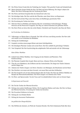 107. Des Wirtes Simon Freude über die Niederlage der Templer. Über gerechte Freude und Schadenfreude
108. Marias häusliche Sorgen behebt der Herr. Ihr Dank und Seine Mahnung. Der Jünger Lobpreis der
     Maria. Des Herrn Voraussage über die Verehrung der Maria
109. Des Petrus und Simon Gespräch über die Zukunft der Lehre Jesu
110. Der beleidigte Judas. Der Herr und die drei Pharisäer, unter ihnen Jairus von Kapernaum
111. Der Herr heilt auf dem Weg zu des Jairus Haus ein blutflüssiges griechisches Weib
112. Die Erweckung der Tochter des Jairus
113. Wink des Herrn an Matthäus und Johannes über die verschiedenen Aufzeichnungen. Wichtige
     Hinweise auf das Wesen der Evangelien. Der Weg zur wahren Erkenntnis des göttlichen Wortes
114. Des Herrn Worte an Jairus über das rechte Danken. Heimkehr nach Nazareth in das Haus der Maria

     Im Fischerhaus bei Bethabara

115. Volksmenge vor Marias Haus in Nazareth. Das Volk will Jesus zum König ausrufen. Der Herr zieht
     sich zurück in ein Fischerhaus bei Bethabara
116. Heilung des Gichtbrüchigen
117. Gespräch zwischen einem jungen Römer und einem Schriftgelehrten
118. Die beleidigten Pharisäer wenden sich an den Herrn. Der Herr enthüllt ihr gottwidriges Verhalten
119. Vom Tempeleid. Der Herr beschwichtigt das aufgebrachte Volk und entzieht sich der Volksmenge

     Beim Zöllner Matthäus

120. Einkehr beim Zöllner Matthäus. Sein Umgang mit den Sündern und Pharisäern. Über
     Kindererziehung
121. Der Pharisäer Gespräch über Joseph, Maria und Jesus. Johannes Wink an die Pharisäer
122. Über die zwei Matthäusse, den Zollherrn und den Amtsschreiber. Die Jünger des Täufers Johannes
     und die Jünger Jesu
123. Johannes des Täufers Zeugnis vom Herrn. Gleichnis vom Bräutigam, den Brautleuten und der Braut
124. Das Gleichnis vom neuen und alten Gewand, vom neuen Most und alten Schläuchen
125. Der Herr bespricht sich mit den Johannesjüngern über die Essäer. Das Haus des Zöllners Matthäus als
     Beispiel der Menschenfreundlichkeit. Des Herrn Zeugnis von Johannes dem Täufer
126. Ein Wein- und Speisewunder. Von der Treue und Unveränderlichkeit Gottes und von Seinem Segen

     In Kapernaum und Nazareth

127. Der Tod der Tochter des Obersten Kornelius
128. Heilung eines andern blutflüssigen Weibes. Die Evangelisten Markus und Lukas. Der Herr im Hause
     des Obersten Kornelius. Erweckung der Tochter des Kornelius
129. Der Erweckten Erlebnisse im Jenseits
130. Heilung der zwei blinden Bettler
131. Heilung des besessenen Taubstummen

     Im galiläisichen Hungerdörfchen

132. Das Dörflein des Jammers, ein Werk des Tyrannen Herodes. Des Herrn bedeutsame Rede über diese
 