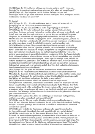 [069,12] Sagte der Wirt: „Oh, wer sollte da nun noch im unklaren sein?! – Aber nun
fängt der Tag sich auch schon ein wenig zu neigen an. Was sollen wir nun anfangen?“
[069,13] Sagte Ich: „Das hängt nun von dir ab; denn für heute, morgen und
übermorgen werde Ich gar nichts bestimmen. Hast du aber irgend etwas, so sage es, und Ich
werde sehen, was da zu tun sein wird!“

70. Kapitel
[070,01] Sagte der Wirt: „Ich hätte wohl etwas; aber es kommt mir beinahe als zu
geringfügig vor, um Dich, o Herr, damit zu belästigen!“
[070,02] Sagte Ich: „So rede; denn Mir ist nichts zu geringfügig in der Welt!“
[070,03] Sagte der Wirt: „So wolle mich denn gnädigst anhören! Siehe, ich habe
nebst dieser Besitzung noch eine Hube unfern von hier, allwo ich meine besten Rinder und
Schafe halte, und habe dort auch mehrere recht getreue Knechte und Mägde! Im großen
Tiergarten, der allenthalben mit dem üppigsten Grase bestellt ist, hat sich vor ein paar
Monden eine nahe bei ein viertel Morgen großes Stück Land derart eingesenkt, daß nun an
der Stelle ein derartiges Loch besteht, daß seine Tiefe gar nicht zu ermessen ist und man auch
gar nicht wissen kann, ob sich da nicht bald noch mehr Land nachsenken wird.
[070,04] Ein alter, in diesen Dingen ziemlich kundiger Mann fragte mich, ob sich die
Tiere dem Loche nahen. Und ich sagte ihm, wie es ist, die volle Wahrheit. Ich ließ einige
Schafe und Rinder nahe an das Loch bringen; aber je näher sie dem großen Loche kamen,
desto mehr sträubten sie sich, und als sie nur mehr etwa zehn gute Schritte vom Loche
entfernt waren, da rissen sie aus und liefen jählings von dannen. Selbst die Ziegen sind nicht
in die Nähe des Loches zu bringen, obwohl sie sonst auf den höchsten Felsen ganz behaglich
und unerschrocken herumzuklettern pflegen. Darauf sagte der kundige Mann, daß dies ein
sicheres Zeichen wäre, demnach da noch mehr Land einsinken werde. Und in dieser mir als
Grundbesitzer immerhin sehr mißlichen Sache frage ich denn nun auch Dich, was das zu
bedeuten hat, was da noch zu erwarten ist, und ob dem Übel doch vielleicht möglich durch
irgend etwas abgeholfen werden könnte.“
[070,05] Sagte Ich: „Da gehen wir hinaus und besehen diesen Mutwillen der rohen
Erdgeister, die das verübt haben durch Antrieb von anderen Geistern jener verstorbenen
Menschen, die darum als deine Feinde hinübergewandelt sind, weil du die Hube infolge einer
gerichtlichen Pfändung ob der nicht bezahlten großen Schulden käuflich an dich gebracht
hast! Gehen wir also hinaus und nehmen die Sache in Augenschein!“
[070,06] Wir erhoben uns nun schnell von unseren Sitzen und zogen zu der
verhängnisvollen Hube hinaus, die etwa eine kleine halbe Stunde von da entfernt war. Wir
kamen sonach bald zu dem wahrlich sehr unheimlichen Loche. Außer Mir und dem Wirte
getraute sich niemand, völlig an den Rand des Loches zu treten. Die zwanzig neuen Jünger
schauderten schon von weitem zurück; denn es war das Loch wahrlich recht grauenhaft
anzusehen. Der Wirt sagte, daß er selbst dem Loche noch nie so nahe gekommen sei und erst
jetzt seine unabsehbare Tiefe sehe.
[070,07] Ich aber sagte zu ihm: „Gehe hin und bringe Mir einen recht tüchtigen Stein,
und Ich werde sehen, ob das Loch nicht auszufüllen ist!“
[070,08] Da ging der Wirt und brachte Mir einen mindestens zehn Pfund schweren
Stein. Ich aber nahm den Stein und schleuderte ihn mit großer Gewalt in das Loch. Bald fing
aus dem Loche eine gewaltige Rauchsäule sich zu erheben an und verbreitete einen stark
schweflichen Gestank.
[070,09] Ich aber bedrohte die Rauchmasse und sagte: „Ihr argen Geister alle, Ich,
der Herr, gebiete euch, dieses Loch alsogleich auszufüllen für jetzt und alle Zeiten!“
[070,10] Da vernahm man aus der Rauchmasse Stimmen, die da riefen: „Jesus aus
Nazareth, Du Sohn des lebendigen Gottes, wir kennen Dich! Warum kamst Du denn, uns zu
quälen vor der Zeit? Wir sind hier gedrückt und machten uns Luft. Warum gönnst Du uns
diese Freiheit nicht? Hier ist uns ein großes Unrecht geschehen, das unsern Leib tötete. Wir
haben alles verloren. Warum soll der Käufer nun nicht auch etwas verlieren? Wir bedürfen
dieses Fleckes Landes in unserer entsetzlichen Tiefe. Warum sollen wir es denn nicht
 