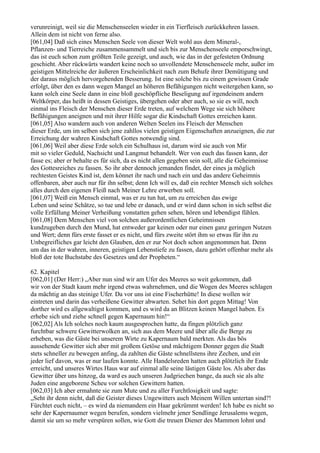 verunreinigt, weil sie die Menschenseelen wieder in ein Tierfleisch zurückkehren lassen.
Allein dem ist nicht von ferne also.
[061,04] Daß sich eines Menschen Seele von dieser Welt wohl aus dem Mineral-,
Pflanzen- und Tierreiche zusammensammelt und sich bis zur Menschenseele emporschwingt,
das ist euch schon zum größten Teile gezeigt, und auch, wie das in der gefesteten Ordnung
geschieht. Aber rückwärts wandert keine noch so unvollendete Menschenseele mehr, außer im
geistigen Mittelreiche der äußeren Erscheinlichkeit nach zum Behufe ihrer Demütigung und
der daraus möglich hervorgehenden Besserung. Ist eine solche bis zu einem gewissen Grade
erfolgt, über den es dann wegen Mangel an höheren Befähigungen nicht weitergehen kann, so
kann solch eine Seele dann in eine bloß geschöpfliche Beseligung auf irgendeinem andern
Weltkörper, das heißt in dessen Geistiges, übergehen oder aber auch, so sie es will, noch
einmal ins Fleisch der Menschen dieser Erde treten, auf welchem Wege sie sich höhere
Befähigungen aneignen und mit ihrer Hilfe sogar die Kindschaft Gottes erreichen kann.
[061,05] Also wandern auch von anderen Welten Seelen ins Fleisch der Menschen
dieser Erde, um im selben sich jene zahllos vielen geistigen Eigenschaften anzueignen, die zur
Erreichung der wahren Kindschaft Gottes notwendig sind.
[061,06] Weil aber diese Erde solch ein Schulhaus ist, darum wird sie auch von Mir
mit so vieler Geduld, Nachsicht und Langmut behandelt. Wer von euch das fassen kann, der
fasse es; aber er behalte es für sich, da es nicht allen gegeben sein soll, alle die Geheimnisse
des Gottesreiches zu fassen. So ihr aber dennoch jemanden findet, der eines ja möglich
rechtesten Geistes Kind ist, dem könnet ihr nach und nach ein und das andere Geheimnis
offenbaren, aber auch nur für ihn selbst; denn Ich will es, daß ein rechter Mensch sich solches
alles durch den eigenen Fleiß nach Meiner Lehre erwerben soll.
[061,07] Weiß ein Mensch einmal, was er zu tun hat, um zu erreichen das ewige
Leben und seine Schätze, so tue und lebe er danach, und er wird dann schon in sich selbst die
volle Erfüllung Meiner Verheißung vonstatten gehen sehen, hören und lebendigst fühlen.
[061,08] Dem Menschen viel von solchen außerordentlichen Geheimnissen
kundzugeben durch den Mund, hat entweder gar keinen oder nur einen ganz geringen Nutzen
und Wert; denn fürs erste fasset er es nicht, und fürs zweite stört ihm so etwas für ihn zu
Unbegreifliches gar leicht den Glauben, den er zur Not doch schon angenommen hat. Denn
um das in der wahren, inneren, geistigen Lebenstiefe zu fassen, dazu gehört offenbar mehr als
bloß der tote Buchstabe des Gesetzes und der Propheten.“

62. Kapitel
[062,01] (Der Herr:) „Aber nun sind wir am Ufer des Meeres so weit gekommen, daß
wir von der Stadt kaum mehr irgend etwas wahrnehmen, und die Wogen des Meeres schlagen
da mächtig an das steinige Ufer. Da vor uns ist eine Fischerhütte! In diese wollen wir
eintreten und darin das verheißene Gewitter abwarten. Sehet hin dort gegen Mittag! Von
dorther wird es allgewaltigst kommen, und es wird da an Blitzen keinen Mangel haben. Es
erhebe sich und ziehe schnell gegen Kapernaum hin!“
[062,02] Als Ich solches noch kaum ausgesprochen hatte, da fingen plötzlich ganz
furchtbar schwere Gewitterwolken an, sich aus dem Meere und über alle die Berge zu
erheben, was die Gäste bei unserem Wirte zu Kapernaum bald merkten. Als das bös
aussehende Gewitter sich aber mit großem Getöse und mächtigem Donner gegen die Stadt
stets schneller zu bewegen anfing, da zahlten die Gäste schnellstens ihre Zechen, und ein
jeder lief davon, was er nur laufen konnte. Alle Handelsreden hatten auch plötzlich ihr Ende
erreicht, und unseres Wirtes Haus war auf einmal alle seine lästigen Gäste los. Als aber das
Gewitter über uns hinzog, da ward es auch unseren Judgriechen bange, da auch sie als alte
Juden eine angeborene Scheu vor solchen Gewittern hatten.
[062,03] Ich aber ermahnte sie zum Mute und zu aller Furchtlosigkeit und sagte:
„Seht ihr denn nicht, daß die Geister dieses Ungewitters auch Meinem Willen untertan sind?!
Fürchtet euch nicht, – es wird da niemandem ein Haar gekrümmt werden! Ich habe es nicht so
sehr der Kapernaumer wegen berufen, sondern vielmehr jener Sendlinge Jerusalems wegen,
damit sie um so mehr verspüren sollen, wie Gott die treuen Diener des Mammon lohnt und
 
