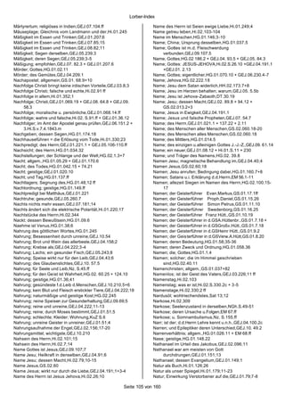 Lorber-Index

Märtyrertum; religiöses in Indien,GEJ.07.104.ff                      Name des Herrn ist Seien ewige Liebe,Hi.01.249;4
Mäuseplage; Gleichnis vom Landmann und der,Hi.01.245                 Name getreu leben,Hi.02.103-104
Mäßigkeit im Essen und Trinken,GEJ.01.207;6                          Name im Menschen,HG.01.146;3-10
Mäßigkeit im Essen und Trinken,GEJ.07.85;15                          Name; China; Ursprung desselben,HG.01.037.5
Mäßigkeit im Essen und Trinken,GEJ.08.82;11                          Name; Gottes ist m.d. Fleischwerdung
Mäßigkeit; Segen derselben,GEJ.05.239.3                                   verbunden,GEJ.09.107.5
Mäßigkeit; deren Segen,GEJ.05.239;3-5                                Name; Gottes,HG.02 186.2 + GEJ.04. 93.5 + GEJ.05. 84.3
Mäßigung; empfohlen,GEJ.07. 82.3 + GEJ.01.207.6                      Name; Gottes: JESUS-JEHOVA,Hi.02.S.26.10 +GEJ.04.191.1
Mörder; Gottes,HG.01.02.11                                                +GEJ.01. 2.13
Mörder; des Gemütes,GEJ.04.209.1                                     Name; Gottes; eigentlicher,HG.01.070.10 + GEJ.06.230.4-7
Nachapostel; allgemein,GS.01. 68.9+10                                Name; Jehova,HG.02.222.18
Nachfolge Christi bringt keine irdischen Vorteile,GEJ.03.8;3         Name; Jesu dem Satan widerlich,HH.02.173.7+8
Nachfolge Christi; falsche und echte,Hi.02.91 ff                     Name; Jesu im Herzen behalten; warum,GEJ.05. 5.5b
Nachfolge in allem,Hi.01.352;1                                       Name; Jesu ist Jehova -Zabaoth,DT.30.19
Nachfolge; Christi,GEJ.01.069.19 + GEJ.08. 64.8 + GEJ.09.            Name; Jesu; dessen Macht,GEJ.02. 89.8 + 94.12 +
     58.3                                                                 GS.02.013.2+3
Nachfolge; moralische u. persönliche,GEJ.01.068.14.ff                Name; Jesus in Ewigkeit,GEJ.04.191.1
Nachfolge; wahre und falsche,Hi.02. S.91.ff + GEJ.01.36.12           Name; Jesus und falsche Propheten,GEJ.07. 54.7
Nachfolger; im Amt der Apostel genau prüfen,GEJ.06.151.2 +           Name; des Herrn,GEJ.01.021.1 + 137.22 + 2.11
     3.Hi.S.v.7.4.1843.m                                             Name; des Menschen aller Menschen,GS.02.060.18-20
Nachgeben; dessen Segen,HG.01.174.18                                 Name; des Menschen alles Menschen,GS.02.060.18
Nachhauseführen = die Erlösung vom Tode,Hi.01.330;23                 Name; des Mittlers,HG.01.014.5
Nachpredigt; des Herrn,GEJ.01.221.1 + GEJ.05.106-110.ff              Name; des einzigen u.alleinigen Gottes J.-J.-Z.,GEJ.09. 61.14
Nachsicht; des Herrn,HG.01.034.32                                    Name; ein neuer,GEJ.01.08.12 + Hi.01.S.11 + 230
Nachstellungen; der Schlange und der Welt,HG.02.1.3+7                Name; und Träger des Namens,HG.02. 39.8
Nacht; allgem.,HG.01.05.29 + GEJ.01.170.6                            Namen Jesu; magnetische Behandlung im,GEJ.04.40;4
Nacht; des Todes,HG.01.042.15 + 74.21                                Namen Jesus,GS.02.60;18
Nacht; geistige,GEJ.01.020.10                                        Namen; Jesu anrufen; Bedingung dabei,HG.01.160.7+8
Nacht; und Tag,HG.01.137.ff                                          Namen; Satans u.i. Erklärung d.d.Herrn,EM 56.1-11
Nachtlagers; Segnung des,HG.01.48;12 ff                              Namen; allezeit Siegen im Namen des Herrn,HG.02.100;15-
Nachtordnung; geistige,HG.01.149.ff                                       17
Nachtpredigt bei Matthäus,GEJ.01.221                                 Namen; der Geisterführer Evan.Markus,GS.01.17.1ff
Nachtruhe; gesunde,GEJ.05.260.7                                      Namen; der Geisterführer Proph.Daniel,GS.01.15.26
Nachts nichts mehr essen,GEJ.07.181;14                               Namen; der Geisterführer Simon Petrus,GS.01.11.10
Nachts ändert sich die elektrische Polarität,Hi.01.220;17            Namen; der Geisterführer Swedenborg,GS.01.16.25
Nachtstücke des Herrn,Hi.02.344                                      Namen; der Geisterführer Franz Hütt.,GS.01.10.19
Nackt; dessen Bewußtsein,HG.01.09.6                                  Namen; der Geisterführer in d.GSA.Hüttenbr.,GS.01.7.18 +
Naehme ist Venus,HG.01.38;6                                          Namen; der Geisterführer in d.GSGroßv.Hütt.,GS.01.7.18
Nahrung des göttlichen Wortes,HG.01.245                              Namen; der Geisterführer in d.GSHeinr Hütt.,GS.01.9.2
Nahrung; Besessenheit durch unreine,GEJ.10.54                        Namen; der Geis terführer in d.GSVerw.A.Hütt,GS.01.8.20
Nahrung; Brot und Wein das allerbeste,GEJ.04.158;2                   Namen; deren Bedeutung,HG.01.58;35-36
Nahrung; Krebse als,GEJ.04.222;3-4                                   Namen; deren Zweck und Ordnung,HG.01.058.36
Nahrung; Lachs; ein gesunder Fisch,GEJ.05.243;8                      Namen; die; Gottes,HG.01.1.4
Nahrung; Speise wirkt nur für den Leib,GEJ.04.43;6                   Namen; solcher; die im Himmel geschrieben
Nahrung; des Glaubenslichtes,GEJ.10. 57.5                                 sind,HG.02.40.11
Nahrung; für Seele und Leib,Nz. S.45.ff                              Namenchristen; allgem.,GS.01.037+82
Nahrung; für den Geist ist Wahrheit,HG.02. 60.25 + 124.10            Namenlos; ist der Geist des Vaters,GEJ.03.226;11 ff
Nahrung; geistige,HG.01.36;41                                        Namenstag,Hi.02.103
Nahrung; gesündeste f.d.Leib d.Menschen,GEJ.10.210.5+6               Namenstag; was er ist,Hi.02.S.330.2c + 3-5
Nahrung; kein Blut und Fleisch erstickter Tiere,GEJ.04.222;18        Namenstage,Hi.02.330;2 ff
Nahrung; naturmäßige und geistige Kost,HG.02.245                     Nardusöl; wohlriechendstes,Sat 13;12
Nahrung; reine Speisen zur Gesunderhaltung,GEJ.09.69;5               Narkose,Hi.02.309
Nahrung; reine und unreine,GEJ.04.222;11-13                          Narkose; Seelenzustand in derselben,NGh.S.49-51
Nahrung; reine; durch Moses bestimmt,GEJ.01.51;5                     Narkose; deren Ursache u.Folgen,EM 67.ff
Nahrung; schlechte; Kleider; Wohnung,KuZ S.6                         Narkose; u. Somnambulismus,Nz. S.155.ff
Nahrung; unreine Geister in unreiner,GEJ.01.51;4                     Narr; ist der; d.d.Herrn Lehre kennt u.n.h.,GEJ.04.100.2c
Nahrungsaufnahme der Engel,GEJ.02.156;17-20                          Narren; und Epileptiker deren Unterschied,GEJ.10. 49.2
Nahrungsmittel; wichtigste,GEJ.10.210                                Narrenverhältnis; allgem.,HG.01.026.11 + EM 68.ff
Nahsein des Herrn,Hi.02.101;15                                       Nase; geistige,HG.01.148.22
Nahsein des Herrn,Hi.02.7;14                                         Nathanael im Urteil des Jakobus,GEJ.02.096;11
Name Gottes ist Jesus,GEJ.09.107;7                                   Nathanael war am meisten von Gott
Name Jesu; Heilkraft in denselben,GEJ.04.91;6                             durchdrungen,GEJ.01.151;13
Name Jesu; dessen Macht,Hi.02.79;10-15                               Nathanael; dessen Evangelium,GEJ.01.149;1
Name Jesus,GS.02.60                                                  Natur als Buch,Hi.01.126;26
Name Jesus; wirkt nur durch die Liebe,GEJ.04.191;1+3-4               Natur als unser Spiegel,Hi.01.179;11-23
Name des Herrn ist Jesus Jehova,Hi.02.26;10                          Natur; Einwirkung Verstorbener auf die,GEJ.01.79;7-8

                                                       Seite 105 von 160
 