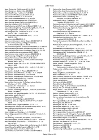 Lorber-Index

Natur; Folgen der Waldbrände,GEJ.04.143;5                           Naturreiche; deren Grenzen,Hi.01. S.81.ff
Natur; Gedanken Gottes in der,GEJ.04.75                             Naturreiche; deren Ineinandergehen,Hi.01.S.240.ff
Natur; herzförmige Fruchtkerne,Hi.01.70;7                           Naturreiche; vom Ineinandergehen der,Hi.01.240 ff
Natur; innere Anschauung der,Hi.01.357;18                           Naturseelen; allgem.,GEJ.04.186.5 + Hi.01.S.65.ff
Natur; sich darin finden,Hi.01.173;34-35                            Naturseelen; deren Entwicklung; ihre
Natur; sich in derselben finden,Hi.01.173;35                             Prinzipien,GEJ.04.057.5+6 + GL. S.83
Natur; sonderbare des Menschen,GEJ.02.211.1                         Naturseelen; deren Entwicklung; ihre
Naturalismus; dessen Gefahr,HG.03.219.18+19                              Prinzipien,GEJ.04.114.5.ff + 143.f
Naturalist; ist allgem.,GEJ.03.150.18                               Naturseelen; deren Entwicklung; ihre Prinzipien,GEJ.10.21.2.ff
Naturbetrachtung; ist Nahrung der Seele,HG.03.44.12                 Naturseelen; u.Seelen Verstorb. Unterschied,GEJ.04.186.5
Naturentfremdung bringt Verweichlichung,GEJ.03.211;3 ff             Naturseelenentwicklung; allgem.üb.Fische
Naturereignisse als Zeitzeichen,Hi.02.119                                z.Vögeln,Hi.01.S.89.3.ff
Naturereignisse; als Zeitzeichen,Hi.02. S.119.ff +                  Naturseelenentwicklung; der Perlmusch.;
     Hi.01.S.234.ff + GEJ.03.115.1                                       d.990.Stufe,Hi.01.S.86.27
Naturereignisse; geistige Wecker,HG.01.172.6 +                      Naturseelenentwicklung; im Tierreich,Hi.01.S.89.ff + 94.ff
     Hi.01.S.135.ff                                                 Naturseelenentwicklung; vom Herrn kurz
Naturerkenntnis,GEJ.08.96;13                                             dargelegt,GEJ.06.165.11+12
Naturerkenntnis; deren rechter Segen,GEJ.08.108.1+2                 Naturseelensubstanz; iGericht d.Erde u.i. Formen,GEJ.10.
Naturerkenntnis; richtige; wichtig z.Verständnis                         21.1-6
     d.Übersinnlichen,GEJ.07. 183.3                                 Naturstudium; richtiges; dessen Segen,GEJ.03.211.19
Naturerscheinungen als Spiegel unseres Selbst,Hi.01.182;22               +GEJ.07.111.2
Naturerscheinungen haben geistigen Grund,Hi.01.185;36               Naturwelt als Entsprechung,GEJ.08.102;1+25
Naturerscheinungen reden zu unserem Geist,Hi.01.181;19              Naturwelt; in ihr geschieht nicht o.d.Herrn,Hi.01.S.127.29
Naturerscheinungen unseretwegen,Hi.01.182;25                        Naturwissenschaft; Winke darüber,GEJ.02.161.18 +
Naturforscher meist materiell orieniert,GEJ.08.096;12                    GEJ.05.251.3
Naturforschung; richtige Art derselben,Nz. S.27.ff                  Naturzerstörung; Selbstgericht der Menschen,GEJ.05.109
Naturgeheimnisse; unerforschte,Hi.01.S.133.ff                       Natürliche; Sonne; was sie ist,GEJ.03.174.1
Naturgeister; Entwicklung zu Seelen; Gottes Geist tragen            Natürlicher; Vorgang der Sündflut,HG.03.356.8-10
     können,HH.02.265.2-4                                           Nazareth; allgem.,GEJ.03.6.1 + 39.12 + GEJ.04. 2.1+2
Naturgeister; allgem.,GEJ.02.64.3ff+ GEJ.04.114.5+ 219.3+           Nebel; geistige Entsprechungen,Nz. S.80.ff
     GEJ.05. 85.2                                                   Nebelflecken; i.Universum;
Naturgeister; allgem.,GEJ.06.187.6 + Nz S.33.ff + S.104.ff +             Weltkörpersys t.m.ätherisch.Umf.,NS. 6.16
     S.110.ff                                                       Nebensonne; natürliche; deren Ursache,GEJ.07.182.9 +
Naturgeister; der Luft; ihr Wesen,GEJ.08.044.1.ff                        183.3+4
Naturgeister; deren Arbeit,GEJ.07. 16.2 + Hi.01.S.134.ff            Nebo; Berg Mosis,GEJ.10.158.1 + 178.2
Naturgeister; deren Benützung,GEJ.07.015.4                          Nebukadnezar,GEJ.11. S.254
Naturgeister; deren Kämpfe untereinander,GEJ.08.145.9               Nebukadnezar; Bedeutung seines Namens,GEJ.06. 33.1
Naturgeister; deren Wirken i.d.g.Ordnung                            Negativ; und Positiv. Näheres darüber,GEJ.02.156.10
     v.Heilpflanzen,GEJ.04.146.8                                    Neger; siehe Mohren
Naturgeister; hemmender Einfluß a.d.wahren Geistes                  Nehmen und Geben,BM 97
     Wachstum,HH.01.61.8-10a                                        Neid; Wucher; Geiz,Hi.02.6;11
Naturgeister; ihre Inkarnationen aus Sternen                        Neid; der Jünger üb.d.Herrn Taten,GEJ.06.145.3
     u.Erde,GEJ.09.063.4+5                                          Neid; in ihm ruht der Tod,JJ.296.31
Naturgeister; notwendige Tätigkeit; Landschaft; zum Früchte         Nepal; Birma u.Tibet; warum; in Finsternis
     ernten,EM 044.6-11                                                  u.Blindheit,GEJ.07.104.1ff; 106
Naturgeister; und Menschenseelen,EM 33.ff + 2. GEJ.210.11           Neptun; dessen Bewegung,NS.53.6
Naturgeister; unreife,EM 44.ff                                      Neptun; dessen Bewohner,NS.60.1.ff
Naturgesetze,GEJ.04.143;2                                           Nerven; schwache u.starke; was sie ermöglichen,EM
Naturlehre; deren Wichtigkeit,GEJ.03.108.1                               70.19+20
Naturlehre; reine; ist nötig,GEJ.08.146.1 + GEJ.10.06.1 +           Nervengeist; Bildung desselben,EM.051.
     131.4                                                          Nervengeist; allg.,EM.049 ff
Naturliebe; deren Fragwürdigkeit,HG.02. 79.22.ff                    Nervengeist; allg.,Nz. S.154-155 ff
Naturliebe; eine Abirrung von der Liebe zu Gott,HG.02. 36.11        Nervengeist; allgem.,GL. S.369 + 516.f
Naturmäßiges geschieht durch geistigen                              Nervengeist; allgem.,Hi.02.S.309.3.ff
     Einfluß,GEJ.07.182;9                                           Nervengeist; im Traum,EM.067
Naturmäßiges und Geistiges,Hi.01.199;20-21                          Nervengeist; ist die Herzenswärme,BM.001;07
Naturmäßiges; geschieht nicht ohne geistiges Vorbild,Hi.01.         Nervengeist; verwandt mit magnet. Fluidum,EM. S.244;4
     S.144                                                          Nervensystem; besonderer Zustand desselben,EM 70.ff
Naturordnung; kosmische; der Welten,GEJ.03.223.1.ff                 Nervenäther; allgem.,GEJ.04.177.1
Naturphilosophen; ein Wort über sie,GEJ.08. 97.1 + 181.12           Nest = das innere Nest der Liebe im Herzen,Hi.01.325;20
Naturphilosophie,GEJ.03.025.1 + GEJ.05.022.1 + 32.1 +               Netzhaut; des Auges,GEJ.04.219.5
     GEJ.06.087.3                                                   Neu-Babylon = Bagdad,GEJ.10.161;2+21
Naturphilosophie; ein Meisterstück der Schlange,HG.01.29;11         Neubannung,HG.01.33;12
Naturphilosophie; göttlichlogische,GEJ.06.07.5-13                   Neubannung,Hi.02.445;6
Naturpracht; Gefahr derselben,HG.01.056.13                          Neubannung; Kraft aus Gott: unzerstörbar,GEJ.08.128.9
Naturrechte; die; vom Herrn erklärt,GS.02.087.10;88.22

                                                      Seite 106 von 160
 