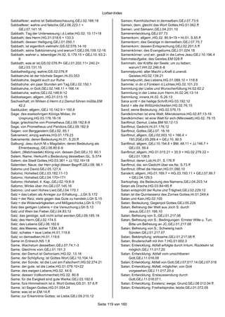 Lorber-Index

Sabbatfeier; wahre ist Selbstbeschauung,GEJ.02.166;18                Samen; Keimhülschen in demselben,GEJ.07.73;9
Sabbatfeier; wahre und falsche,GEJ.06.223.1 +                        Samen; dem; gleicht das Wort Gottes,HG.01.062.ff
      GEJ.07.141.16                                                  Samen; und Sämann,GEJ.04.231.10
Sabbath; Tag der Unterweisung i.d.Liebe,HG.02. 10.17+18              Samenentwicklung,GEJ.07.73
Sabbath; des Herrn,HG.01.018.6 + 133.3                               Samenkorn; allgem.,HG.02. 80.9+19 + Hi.01. S.65.ff
Sabbath; dessen Heiligung,GEJ.01.050.1                               Samenkorn; das Geistige in demselben,GEJ.07.75;7
Sabbath; ist eigentlich vielmehr,GS.02.076.14-16                     Samenkorn; dessen Entsprechung,GEJ.02.201.5.ff
Sabbath; seine Saktionierung und warum?,GEJ.09.109.12-16             Samenkörner; des Evangeliums,GEJ.01.024.18
Sabbath; wahrer u. lebendiger,Hi.02. S.179.15 + GEJ.10. 63.2-        Samenkörner; und wir; gesät in die Lehre Jesu,GEJ.10.196.4
      6                                                              Sammelaufgabe; des Geistes,EM 028.ff
Sabbath; was er ist,GS.02.076.ff+ GEJ.01.202.11+ 240.2+              Sammeln; der Kräfte der Seele; um zu lieben;
      GEJ.03.131.15                                                       warum?,HH.02.246.6-8
Sabbatheiligung; wahre,GS.02.076.ff                                  Sammelpunkt; aller Macht u.Kraft d.unendl.
Sabbatruhe ist der höchste Segen,Hi.03.053                                Geistes,HG.02.139.21
Sabbatruhe, begebt euch zur Ruhe                                     Sammelpunkt; des Lebens,HG.01.089.10 + 118.8
Sabbatruhe; ein paar Stunden am Tag,GEJ.02.150;1                     Sammle; in dir d.Fünklein d.Lichtes,HG.02.101.20
Sabbatruhe; in Gott,GEJ.02.148.11 + 166.14                           Sammlung der Liebe und Wunscherfüllung,Hi.02.62;2
Sabbatruhe; wahre,GEJ.02.148;9-12                                    Sammlung in der Liebe zum Herrn,Hi.02.26;13-14
Sabbatsegen; allgem.,HG.01.013.15                                    Sammlung; innere,Hi.02. S.26.13
Sachverhalt; im Wirken d.Herrn d.z.Demut führen müßte,EM             Sana scritt = die heilige Schrift,HG.03.192;12
      42.2                                                           Sand = alle die Wißtümlichkeiten,HG.02.76;15
Sadduzäer; allgem.,GEJ.10.142.9 + 150.8                              Sand; seine Bedeutung.,HG.02.076.15
Sage; des eselsohrigen Königs Midas; ihr                             Sandkörnchen ist eine Welt; Mikrokosmos,HG.02.87;13-16
      Ursprung,HG.03.178.16-18                                       Sandkörnchen; ist eine Welt für sich (Mikrowelt),HG.02. 79.15
Sage; griechische von Prometheus,GEJ.09.182;8-9                      Sanftmut; Demut; Liebe,BM 50;12-13
Sage; von Prometheus und Pandora,GEJ.09.182.9                        Sanftmut; Gedicht,Hi.01.176;12
Sagen; von Berggeistern,GEJ.02. 65.1                                 Sanftmut; Gottes,GEJ.07. 18.16
Sakrament; einzig wahres,HG.01.179.23                                Sanftmut; allgem.,GEJ.02.003.10 + 166.4 +
Sakramente; deren Bedeutung,Hi.01. S.20.ff                                193.2GEJ.05.269.4 + GEJ.10. 90.5
Salbung; Jesu durch M.v.Magdalon; deren Bedeutung als                Sanftmut; allgem.,GEJ.10.194.8 + BM. 48.11 + JJ.146.7 +
      Ehrenbezeug.,GEJ.08.80.6-9                                          GEJ.03. 59.4
Salem; (Melchisedek) König von; dessen Zeit,GEJ.10. 60.1             Sanftmut; allgem.,HG.01.015.21 + 35.9 + HG.02.279.22 +
Salem; Name; Herkunft u.Bedeutung desselben,GL. S.574                     GEJ.01.136.5
Salem; die Stadt Gottes,HG.03.361 + JJ.152.16+18                     Sanftmut; deren Lob,Hi.01. S.176.ff
Salemiten; Neue; der Herr prägt diesen Begriff,GEJ.09. 98.1          Sanftmut; die; ein Gedicht über sie,Nz. S.73.ff
Salomo und David,GEJ.05.127;4                                        Sanftmut; öffnet die Herzen,HG.01.090.10
Salomo; Hohelied,GEJ.03.182;11-13                                    Sanskrit; allgem.,HG.01.169.7 + HG.03.193.11 + GEJ.07.99.7
Salomo; Hohelied,GEJ.04.170+171                                           + GEJ.04.129.5
Salomo; Hohelied; 4. Kap.,GEJ.02.19;8-9                              Sarkophag; die Bedeutung des Namens,GEJ.04.203.14
Salomo; Winke über ihn,GEJ.07.145.16                                 Satan als Drache,HG.03.84+85 ff
Salomo; und sein Hohes Lied,GEJ.04.170.1                             Satan entspricht der Ruhe und Trägheit,GEJ.02.229;12
Salz = das Leben als Anreger zur Erhaltung...,LGh S.172              Satan ist die Quintessenz des Zornes Gottes,Hi.01.249;4
Salz = der Reiz; stets gegen das Gute zu handeln,LGh S.15            Satan und Kain,HG.02.105
Salz = die Widerwärtigkeiten und Mißgeschicke,LGh S.173              Satan; Bedeutung; Gegenpol Gottes,GEJ.05.228
Salz des geitigen Lebens = d ie Versuchung,LGh S.13                  Satan; Befreiung der Welt aus Joch S. durch
Salz und Wein bei Fieber,GEJ.04.83;12                                     Jesus,GEJ.01.166.10
Salz; das geistige; soll nicht schal werden,GEJ.09.185.16            Satan; Befreiung von S.,GEJ.01.217.06
Salz; des Herrn,GEJ.02.174.5                                         Satan; Befreiung von S.; Bedingungen: Ernster Wille u. Tun;
Salz; des Lebens,GEJ.08.162.6                                             Bitte um Befreiung an JC,GEJ.01.217.08
Salz; des Meeres; woher ?,EM..9.ff                                   Satan; Befreiung von S.; Schwierig nach
Salz; schales = laue Liebe,Hi.01.119;8                                    Sünden,GEJ.01.217.07
Salz; vo demselben,Hi.01.119;6                                       Satan; Bekämpfung; wirksame,GEJ.01.217.06 ff.
Same im Erdreich,NS 1;8                                              Satan; Bruderschaft mit ihm ?,HG.01.002.3
Same. Wachstum desselben,GEJ.07.74;1 -3                              Satan; Entwicklung; Abfall erfolgte durch Irrtum; Rückkehr ist
Same; Gleichnis vom,GEJ.01.191.3                                          möglich,GEJ.11.017.20
Same; der Demut ist Gehorsam,HG.02. 13.16                            Satan; Entwicklung; Abfall vom unsichtbaren
Same; der Schöpfung; ist Gottes Wort,GEJ.10.104.14                        Gott,GEJ.11.016.09
Same; der Sünde; ist die Lust am Falschen!!,HG.02.274.21             Satan; Entwicklung; Abfall von Gott,GEJ.07.017.14;GEJ.07.018
Same; der gute; ist die Liebe,HG.01.079.10+22                        Satan; Entwicklung; Abfall; möglicher; von Gott
Same; des ewigen Lebens,HG.02. 44.6                                       vorgesehen,GEJ.11.017.20 d
Same; dessen Vollkommenheit,HG.02. 80.8                              Satan; Entwicklung; Erstaussendung durch
Same; für die Ewigkeit sind gute Werke,GEJ.03.192.6                       Gott,GEJ.11.016.07 f.
Same; fürs Himmelreich ist d. Wort Gottes,GS.01. 57.6.ff             Satan; Entwicklung; Existenz; ewige; Grund,GEJ.08.012.04 ff.
Same; is t Segen Gottes,HG.01.054.24                                 Satan; Entwicklung; Freiheitsprobe; letzte,GEJ.01.072.05
Same; was ist er,EM.14.ff
Same; zur Erkenntnis Gottes; ist Liebe,GEJ.09.210.12

                                                       Seite 119 von 160
 