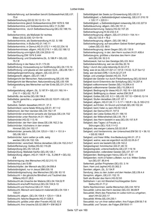 Lorber-Index

Selbsterfahrung; auf derselben beruht Gotteswahrheit,GEJ.07.        Selbsttätigkeit der Seele zur Einswerdung,GEJ.05.51;3
     75.4                                                           Selbsttätigkeit; u.Selbstständigkeit notwendg.,GEJ.01.016.19
Selbsterforschung,GS.02.30;12-15 + 18                                    + 120.17 + 220.9 +
Selbsterkenntnis gleich Gotteserkenntnis,DW 1976 S.168              Selbsttätigkeit; u.Selbstständigkeit notwendig,GEJ.02.227.9
Selbsterkenntnis und Gotteserkenntnis,GEJ.11.S.290                  Selbsttäuschung; allgem.,GEJ.08.151.3
Selbsterkenntnis; durch Selbstbeschauung,GEJ.02.188;15-             Selbstverdammung; Satans,HG.02.157.25
     16                                                             Selbstverleugnung,Hi.02.232;3-4
Selbsterkenntnis; als Maßstab für rechtes                           Selbstverleugnung; allgem.,GEJ.01.018.8 + 154.14 +
     Bitten,GS.02.030.12+15+18                                           GEJ.02.133.4 + 76.2
Selbsterkenntnis; als Seelenwandlung,Hi.02. S.188                   Selbstverleugnung; allgem.,GEJ.08.196.2
Selbsterkenntnis; in Buße,HG.01.140.11                              Selbstverleugnung; auf sexuellem Gebiet fördert geistiges
Selbsterkenntnis; in Demut,HG.01.072.1 + HG.02.234.16                    Leben,GEJ.03. 66.5
Selbsterkenntnisse; allgem.,HG.02.219.1 + GEJ.02.188.12             Selbstverleugnung; deren Segen,GEJ.05.130.9
Selbsterlösung unm öglich,GEJ.04.220;6-10                           Selbstverleugnung; in der; den Herrn suchen,Hi.01.408;4
Selbsterlösung,DW 1974 S.444                                        Selbstzeugnis; größtes u.klarstes des Herrn über
Selbsterlösung; und Gnadenlehre,GL. S.186.ff + GEJ.02.                   sich,GEJ.09. 52.2-5
     75.7.ff                                                        Selbstzweck; hat nur das Geistige,GEJ.03. 64.4
Selbstfindung in der Natur,Hi.01.173;35                             Selbstüberschätzung; wer sie übt,Ste.30.16
Selbstfindung; Voraussetzung zur Gottfindung,GEJ.04.110.14          Selig = durch die Liebe lebendig,Hi.02.27;5
Selbstfindung; und glaube an den wahren Go tt...,GEJ.06.130.1       Selig; was ist es,GEJ.01.021.4 + 97.8 + Hi.02. S.27.5a+12
Selbstgefangennehmung; allgem.,GEJ.02.231.6                         Selig; wer da liest (Offb.1;3),Hi.02.27;3 ff
Selbstgerecht; allgem.,GEJ.01.146.7                                 Selige; und unselige Geister,HG.03. 75.ff
Selbstgericht der Menschen; Naturzerstörung,GEJ.05.109              Seligkeit der Geister nur durch Fleischwerdung,GEJ.02.64;8
Selbstgericht der Menschen; Naturzerstörung,GEJ.05.109              Seligkeit durch Erkenntnis der Schöpfung,GEJ.10.207;4
Selbstgestaltung des Menschen auf der Erde,GEJ.01.214;10-           Seligkeit vollkommener Geister,GEJ.10.206;4-5
     11                                                             Seligkeit vollkommener Geister,GEJ.10.206;4-5
Selbstgestaltung; allgem.,GL. S.187.ff + GEJ.01.160.14 +            Seligkeit; Bedingung für diese,HG.01.182.19 + GS.02.03.ff
     214.11 + GEJ.02. 75.7.ff                                       Seligkeit; Befähigung zu dieser; woher,EM 29.ff
Selbsthilfe; die rechte,GEJ.08.194.8                                Seligkeit; Gottes,GEJ.02. 6.3 + GEJ.05.157.10 + EM 43.12-14
Selbstliebe; gerechte u. ungerechte,GS.02.103.ff + GEJ.02.          Seligkeit; Stufen derselben,GEJ.07. 67.1
     76-77.ff                                                       Seligkeit; allgem.,HG.01.04.11 + 5.17 + 183.ff + GL.S.185+213
Selbstlob; Gefahr desselben,HH.01. 37.3                             Seligkeit; auf Erden; ihr Grund und Inhalt,GEJ.08.102.24
Selbstmitleid; s eine fatale Wirkung,GS.01. 87.1+2                  Seligkeit; beim Vater zu sein,HG.02.122.8
Selbstmord; der Herr darüber,GEJ.04.152.1.ff                        Seligkeit; der Demut,HG.01.147.9
Selbstmörder erscheinen jenseits als Gerippe,GEJ.04.152             Seligkeit; der Liebe Gottes,HG.01.166.10
Selbstmörder unter Reichen,Hi.01.190;21                             Seligkeit; der Willensfreiheit,GEJ.05. 78.1
Selbstmörder,HG.02.113;18                                           Seligkeit; des Herrn besteht in was,GEJ.05.157.8.ff
Selbstmörder; der Herr über diese,GEJ.06.162.2-3a                   Seligkeit; des Tages i.d.Freude u.d.
Selbstmörder; höchstens in den ersten                                    Störungen,GEJ.10.6.11+12
     Himmel,GEJ.04.152;17                                           Seligkeit; des ewigen Lebens,GS.02.05.ff
Selbstmörder; jenseits,GEJ.04.125.8 + 150.1 + 151.9 +               Seligkeit; und Verdammnis; der Unterschied,EM 58.12 + 56.10
     GEJ.06.163.1                                                        + GS.02.106.ff
Selbstmörder; kann selten je vollk. selig                           Seligkeit; und freier Wille; ihre Bedeutung,HH.01. 27.3
     werden,GEJ.04.152.12b                                          Seligkeit; wahre; was sie eigentlich ist,GS.02.05.6+7
Selbstmörder; verschied. Motive derselben,GEJ.04.152.2+5-7          Seligkeit; worin sie besteht,GEJ.09.142.2
Selbstoffenbarung; Gottes,HG.02.119.28                              Seligkeitsgrad; himmlischer,GS.01.46;10
Selbstprüfung,GEJ.05.125;2/4                                        Seligkeitsgrade; unterschiedliche,GEJ.07.119.18
Selbstprüfung; Maßstab hierfür,GEJ.05.126.1                         Seligkeitsstufen; vollendeter Geister,GEJ.07. 67.1.ff
Selbstprüfung; allgem.,HG.01.140.ff + GL. S.296.ff + GEJ.02.        Seligwerden; Bedingungen hierzu,GEJ.07. 62.9
     8.8                                                            Seligwerden; nicht d.Fasten u.Beten; nur d.d. Willen Gottes
Selbstreinigung; des Menschen,HG.02.213.15                               tun,GEJ.07. 85.4+6
Selbstschau,Lwo S.69                                                Seltenheit; großer Propheten,GEJ.03. 3.14
Selbstschöpfer; der Mensch als,GEJ.04.056;4                         Sem; Ham und Japhet,HG.03.362.3
Selbstständigkeit; nur in Jesus!,BM.035.18                          Semiten; allgem.,GL. S.134.ff
Selbstständigmachung; des Menschen,GEJ.06. 63.10                    Sendung; Jesu zu den Juden und den Heiden,GEJ.09.4.4
Selbstsucht = die gänzliche Blindheit und Taubheit des              Seraphim; allgem.,GEJ.01.152.15
     Willens,HG.01.28;5                                             Seth als Bruder des Herrn,HG.02.93
Selbstsucht als Ursache der Materie,GEJ.04.104;02 ff                Sethlahem = ein mit Weisheit hochbegabter Sohn
Selbstsucht erschafft Hochmut,GEJ.04.104;9-10                            Seths,HG.01.71;2
Selbstsucht und Hochmut,GEJ.01.103;2                                Seths Nachkommen; weiße Menschen,GEJ.04.197;6
Selbstsucht; Mensch wird dadurch materiell,GEJ.04.104 +             Sexualität; Lehre des Herrn darüber,GEJ.03. 66-69.ff
     105;01                                                         Sexualität; Werk des Fleisches im Leibe nicht zu umgehen;
Selbstsucht; allgem.,GEJ.04.104.6 + 125.4 + 139.8                        aber!,HH.02.203.17
Selbstsucht; falsche Begierde,HG.01.028.5                           Sexualität; Winke,GEJ.04.230.1
Selbstsucht; größte unter allen Freveln,HG.02. 63.2                 Sexualität; nur um ihrer selbst willen; ihre Folgen,EM 59.7-8
Selbstsucht; ihre Ursache,GS.02.080.ff + EM 062.ff                  Sexualität; und Tanzen; die Folgen,EM 59.6-11

                                                       Seite 127 von 160
 