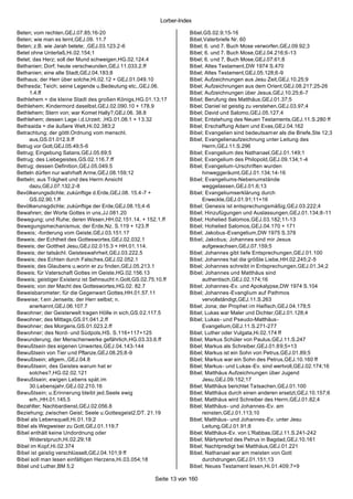 Lorber-Index

Beten; vom rechten,GEJ.07.85;16-20                                    Bibel,GS.02.9;15-16
Beten; wie man es lernt,GEJ.09. 11.7                                  Bibel,Vaterbriefe Nr. 60
Beten; z.B. wie Jarah betete; ,GEJ.03.123.2-6                         Bibel; 6. und 7. Buch Mose verworfen,GEJ.09.92;3
Betet ohne Unterlaß,Hi.02.154;1                                       Bibel; 6. und 7. Buch Mose,GEJ.04.216;6-13
Betet; das Herz; soll der Mund schweigen,HG.02.124.4                  Bibel; 6. und 7. Buch Mose,GEJ.07.61;8
Bethanien; Dorf; heute verschwunden,GEJ.11.033.2.ff                   Bibel; Altes Testament,DW 1974 S.470
Bethanien; eine alte Stadt,GEJ.04.183;8                               Bibel; Altes Testament,GEJ.05.128;6-9
Bethaus; der Herr über solche,Hi.02.12 + GEJ.01.049.10                Bibel; Aufzeichnungen aus Jesu Zeit,GEJ.10.25;9
Bethesda; Teich; seine Legende u.Bedeutung etc.,GEJ.06.               Bibel; Aufzeichnungen aus dem Orient,GEJ.08.217;25-26
     1.4.ff                                                           Bibel; Aufzeichnungen über Jesus,GEJ.10.25;6-7
Bethlehem = die kleine Stadt des großen Königs,HG.01.13;17            Bibel; Berufung des Matthäus,GEJ.01.37;5
Bethlehem; Kindermord daselbst,GEJ.02.090.10 + 178.9                  Bibel; Daniel ist geistig zu verstehen,GEJ.03.97;4
Bethlehem; Stern von; war Komet Hally?,GEJ.06. 38.8                   Bibel; David und Salomo,GEJ.05.127;4
Bethlehem; dessen Lage i.d.Urzeit; ,HG.01.08.1 + 13.32                Bibel; Entstehung des Neuen Testaments,GEJ.11.S.280 ff
Bethsaida = die äußere Welt,Hi.02.383;2                               Bibel; Erschaffung Adam und Evas,GEJ.04.162
Betrachtung; der göttl.Ordnung vom menschl.                           Bibel; Evangelien sind bedeutsam er als die Briefe,Ste 12;3
     aus,GS.01.012.9.ff                                               Bibel; Evangelienaufzeichnung unter Leitung des
Betrug vor Gott,GEJ.05.49;5-6                                              Herrn,GEJ.11.S.296
Betrug; Eingebung Satans,GEJ.05.69;5                                  Bibel; Evangelium des Nathanael,GEJ.01.149;1
Betrug; des Liebegeistes,GS.02.116.7.ff                               Bibel; Evangelium des Philopold,GEJ.09.134;1-4
Betrug; dessen Definition,GEJ.05.049.5                                Bibel; Evangelium-Urschriften wurden
Betteln dürfen nur wahrhaft Arme,GEJ.08.159;12                             hinweggeräumt,GEJ.01.134;14-16
Betteln; aus Trägheit und des Herrn Ansicht                           Bibel; Evangeliums-Nebenumstände
     dazu,GEJ.07.132.2-8                                                   weggelassen,GEJ.01.6;13
Bevölkerungsdichte; zukünftige d.Erde,GEJ.08. 15.4-7 +                Bibel; Evangeliumserklärung durch
     GS.02.90.1.ff                                                         Erweckte,GEJ.01.91;11+16
Bevölkerunsgdichte; zukünftige der Erde,GEJ.08.15;4-6                 Bibel; Genesis ist entsprechungsmäßig,GEJ.03.222;4
Bewahren; der Worte Gottes in uns,JJ.081.20                           Bibel; Hinzufügungen und Auslassungen,GEJ.01.134;8-11
Bewegung; und Ruhe; deren Wesen,HH.02.151.14. + 152.1.ff              Bibel; Hohelied Salomos,GEJ.03.182;11-13
Bewegungsmechanismus; der Erde,Nz. S.119 + 123.ff                     Bibel; Hohelied Salomos,GEJ.04.170 + 171
Beweis; -forderung vom Geiste,GEJ.03.151.17                           Bibel; Jakobus-Evangelium,DW 1975 S.378
Beweis; der Echtheit des Gotteswortes,GEJ.02.032.1                    Bibel; Jakobus; Johannes sind mir Jesus
Beweis; der Gottheit Jesu,GEJ.02.015.3 + HH.01.114.                        aufgewachsen,GEJ.07.159;5
Beweis; der tatsächl. Geisteswahrheit,GEJ.03.222.5                    Bibel; Johannes gibt tiefe Entsprechungen,GEJ.01.100
Beweis; des Echten durch Falsches,GEJ.02.052.1                        Bibel; Johannes hat die größte Liebe,HH.02.245;2-5
Beweis; des Glaubens u.worin er zu finden,GEJ.05.213.1                Bibel; Johannes schreibt in Entsprechungen,GEJ.01.34;2
Beweis; für Vaterschaft Gottes im Geiste,HG.02.156.13                 Bibel; Johannes und Matthäus sind
Beweis; geistiger Existenz ist Sehnsucht n.Gott,GS.02.75.10.ff             authentisch,GEJ.02.174;16
Beweis; von der Macht des Gotteswortes,HG.02. 82.7                    Bibel; Johannes -Ev. und Apokalypse,DW 1974 S.104
Beweisbarometer; für die Gegenwart Gottes,HH.01.57.11                 Bibel; Johannes -Evanglium auf Pathmos
Beweise; f.ein Jenseits; der Herr selbst; n.                               vervollständigt,GEJ.11.S.263
     anerkannt,GEJ.06.107.7                                           Bibel; Jona; der Prophet im Haifisch,GEJ.04.178;5
Bewohner; der Geisterwelt tragen Hölle in sich,GS.02.117.5            Bibel; Lukas war Maler und Dichter,GEJ.01.128;4
Bewohner; des Mittags,GS.01.041.2.ff                                  Bibel; Lukas- und Pseudo-Matthäus-
Bewohner; des Morgens,GS.01.023.2.ff                                       Evangelium,GEJ.11.S.271-277
Bewohner; des Nord- und Südpols,HS. S.116+117+125                     Bibel; Luther oder Vulgata,Hi.02.174 ff
Bewunderung; der Menschenwerke gefährlich,HG.03.33.6.ff               Bibel; Markus Schüler von Paulus,GEJ.11.S.247
Bewußtsein des eigenen Unwertes,GEJ.04.143-144                        Bibel; Markus als Schreiber,GEJ.01.89;5+13
Bewußtsein von Tier und Pflanze,GEJ.08.25;8-9                         Bibel; Markus ist ein Sohn von Petrus,GEJ.01.89;5
Bewußtsein; allgem.,GEJ.04.8                                          Bibel; Markus war ein Sohn des Petrus,GEJ.10.160 ff
Bewußtsein; des Geistes warum hat er                                  Bibel; Markus- und Lukas -Ev. sind wertvoll,GEJ.02.174;16
     solches?,HG.02.02.121                                            Bibel; Matthäus Aufzeichnungen über Jugend
Bewußtsein; ewigen Lebens spät.im                                          Jesu,GEJ.09.152;17
     30.Lebensjahr,GEJ.02.210.16                                      Bibel; Matthäus berichtet Tatsachen,GEJ.01.100
Bewußtsein; u.Erinnerung bleibt jed.Seele ewig                        Bibel; Matthäus durch einen anderen ersetzt,GEJ.10.157;6
     erh.,HH.01.145.5                                                 Bibel; Matthäus wird Schreiber des Herrn,GEJ.01.82;4
Bezahlter; Nachbardienst,GEJ.02.056.8                                 Bibel; Matthäus- und Johannes -Ev. am
Beziehung; zwischen Geist; Seele u.Gottesgeist2,DT. 21.19                  reinsten,GEJ.01.113;10
Bibel als Lebensquell,Hi.01.19;2                                      Bibel; Matthäus- und Johannes -Ev. unter Jesu
Bibel als Wegweiser zu Gott,GEJ.01.119;7                                   Leitung,GEJ.01.91;8
Bibel enthält keine Undordnung oder                                   Bibel; Matthäus-Ev. von L'Rabbas,GEJ.11.S.241-242
     Widerstpruch,Hi.02.29;18                                         Bibel; Märtyrertod des Petrus in Bagdad,GEJ.10.161
Bibel im Kopf,Hi.02.374                                               Bibel; Nachtpredigt bei Matthäus,GEJ.01.221
Bibel ist geistig verschlüsselt,GEJ.04.101;9 ff                       Bibel; Nathanael war am meisten von Gott
Bibel soll man lesen einfältigen Herzens,Hi.03.054;18                      durchdrungen,GEJ.01.151;13
Bibel und Luther,BM 5;2                                               Bibel; Neues Testament lesen,Hi.01.409;7+9

                                                         Seite 13 von 160
 