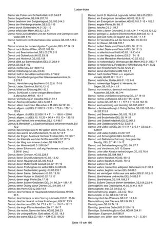 Lorber-Index

Demut als Polier- und Schleifmittel,Hi.01.54;6 ff                  Demut; durch D. Hochmut zugrunde richten,GEJ.05.220;3
Demut begreift eher,GEJ.04.207;18                                  Demut; ein Evangelium derselben,HG.02. 90.6-12
Demut bestimmt den Seligkeitsgrad,GEJ.05.244;3                     Demut; ein Evangelium derselben,HG.03.161.7-15 + 162.?
Demut der Weinbergsarbeiter,GEJ.09.145                             Demut; engste Pforte,BM 68;17
Demut durch Gottesliebe,Hi.01.301;10                               Demut; falsche,GS.01.91;7
Demut erfaßt den Herrn,HG.02.12;14                                 Demut; freie u.deren Grund,HG.01.05.12+17 + HG.03.121.22
Demut heißt Zurücktreten und der Kleinste und Geringste sein       Demut; geistige u.i.äußere Erscheinlichkeit,BM.038.13-15
   wollen,BM 4;16                                                  Demut; gibt Gott nicht; Er begehrt sie,HG.02. 11.1.ff
Demut heißt sich nicht überheben über andere,GEJ.07.128;2-         Demut; ihr Verständnis auf der Sonne,NS. 35.30+33
   3                                                               Demut; ihr Wesen,GEJ.04.195.1
Demut ist eine der notwendigsten Tugenden,GEJ.07.141;9             Demut; isoliert Seele vom Fleisch,GEJ.06.111.5
Demut nach Gottes Willen,HG.03.162;10                              Demut; isoliert Seele vom Fleisch,GEJ.06.111.5
Demut und Bescheidenheit,GEJ.05.271;2-3                            Demut; ist allerhöchste Kraft,HG.02. 11.13+14
Demut und Gottesfurcht,Hi.02.53;18                                 Demut; ist der Weg des Lebens,GS.01. 74.18
Demut und Hochmut,GEJ.03.158                                       Demut; ist des Menschen Herrlichkeit,HG.02. 63.2
Demut zählt zur Barmherzigkeit,GEJ.07.20;8-9                       Demut; ist notwendig für Werkzeuge des Herrn,HG.01.083.17
Demut,GS.02.61-62                                                  Demut; ist notwendig z.Verständn.v.Offenbarung,Hi.01. S.22
Demut. rechte,GEJ.03.158;6+12                                      Demut; kein Kriechertum,HG.02.12;20-21
Demut; Erziehung zur,GEJ.04.83                                     Demut; keine übertriebene,BM 183;7 ff
Demut; Gott in derselben suchen,GEJ.07.99;2                        Demut; nach Gottes Willen u.n. eigenem
Demut; Grundbedingung echter Glaubenserkenntnis,Gl.                   Vorsatz,HG.03.161.10+11
   S.278.ff                                                        Demut; natürliche; Gottes,HG.01.102.6-8
Demut; Herablassung des Herrn,GS.02.8;17-18                        Demut; notwendige Tugend d. Herzens; ihr
Demut; Liebe; Sanftmut,BM 50;12-13                                    Segen,GEJ.07.141.1.ff
Demut; Mittel zur Erlösung,BM.183.7                                Demut; nur innerlich; dennoch mit äußerem
Demut; Schlüssel z.klaren ewigen Bewußtsein                           Aussehen,GEJ.04. 86.3+4
   d.Menschen,HH.01. 19.11                                         Demut; rechte und Selbstverachtung,GEJ.07.141;9
Demut; Verheißung an dieselbe,HG.01.01.1                           Demut; rechte und falsche,GEJ.03.195;12-16
Demut; Zeichen derselben,GEJ.04.83;8                               Demut; rechte,GEJ.07.141.1 + 177.1 + HG.03.162.10
Demut; allein macht den Menschen z.M.,GEJ.04.121.6b                Demut; seid sanfmütig und demütig,GEJ.05.269;7
Demut; allgem. (a),GEJ.01.002.3 + 5.23 + 173.6 + 179.1 +           Demut; u.Amtsausübung i.d.Ordng.Gottes,GEJ.03.165.10 +
   193.9                                                              HH.02.215.8
Demut; allgem. (b),GEJ.02.059.11 + 71.1 + 168.6 + 209.6            Demut; und Besserdünken,GEJ.02. 76.2.ff
Demut; allgem. (c),GEJ.10. 10.20 + 90.4 + 115.13 + 139.10          Demut; und Bruderliebe,GEJ.05.141.ff
Demut; als Freiheit; wie erreichbar,GEJ.10.199.?                   Demut; und Gotteskindschaft,GS.02.061.5
Demut; d.Menschen u.d.Sachverhalt d.sie erkennen macht,EM          Demut; und Gottsesfurcht,Hi.02. S.5318
   42.2                                                            Demut; und Liebe (a),GEJ.05.174.11 + 270.9 + GS.02.61.
Demut; das Einzige was ihr Mir geben könnt,HG.02. 11.12               S259.ff
Demut; das wahre Grundfundament,HG.02.12;13 ff                     Demut; und Liebe (b),GEJ.03.207.9.ff
Demut; der Engel; Ausdruck höchster Freiheit,GEJ.10.199.?          Demut; und Schamgefühl,GEJ.04.083.4-6
Demut; der Kleinste wird der Größte sein,GEJ.07.177;5              Demut; und Selbsteinschätzung; ihre gerechte
Demut; der Weg zum inneren Leben,GEJ.04.76;7                          Beurtlg.,GEJ.07.141.11+12
Demut; der Weisheit,HG.01.068.6+7                                  Demut; und Selbstverleugnung,GEJ.09. 57.7
Demut; deren Erkenntnis; daß eig.Verdienste n.nützen,JdS;          Demut; und Verdienste,JdS 10.Szene
   S.90-91 (neu)                                                   Demut; unter aller Kreatur herbwürdigen,GEJ.02.76;4
Demut; deren Grenzen,HG.02.228.6                                   Demut; verkehrte,GEJ.04.188.7
Demut; deren Grundfundament,HG.02. 12.12                           Demut; wahre Weisheit,HG.03. 69.12
Demut; deren Hauptgrund,GEJ.09.145.8                               Demut; wahre Weisheit,HG.03. 70.12
Demut; deren Mutter heißt Geduld,GS.02.111;12                      Demut; wahre,HG.02.11
Demut; deren Prüfung bei mir selbst,GEJ.04.083.8b                  Demut; wahre; besteht im willigsten Gehorsam,Hi.01.95;8
Demut; deren Rechentafel; geistig,HG.02.235.?                      Demut; wahre; liegt im Herzen,GEJ.04.86;3
Demut; deren Same; Gehorsam,HG.02. 13.16                           Demut; wir vermögen nichts aus uns selbst,GS.01.91;2 -3
Demut; deren Wurzel ist Gott,HG.02. 12.17                          Demut; übertriebene und rechte,GEJ.04.86;5 ff
Demut; deren enge Pforte,Ste.17.16                                 Demut; übertriebene,GEJ.04.188;3 ff
Demut; deren äußere Gebärden,GEJ.04. 86.2a + 188.1.ff              Demut; äußere Gesetze dienen derselben,GEJ.08.22;5-6
Demut; deren Übung durch Dienen,GEJ.04.095.1.ff                    Demutgefühl; des Geschöpfes,Hi.02. S.443.16.ff
Demut; des Herrn,GS.02.059.19.ff                                   Demutsgrade; drei,GS.02.032.12
Demut; des Herzens ist Hauptweckmittel d.Geistes,HH.01.            Demutsmahnung; allgem.,GEJ.02. 76.2
   37.5                                                            Demutstiefe; in der,GEJ.04.137;24
Demut; des Herzens ist einz.Vorzug i.Jenseits,HH.01. 65.6b         Demutsymbol des Wassers,GEJ.01.18;8 -9
Demut; des Herzens ist rechtes Kniebeugen,HG.02. 73.9              Demutsübung des D ienens,GEJ.04.95;1
Demut; des Herzens,GEJ.04. 77.8 + 82.1 + 116.7 + 121.?             Demütig sein,GS.01.74;18
Demut; die enge Pforte derselben,Ste 17;16-17                      Demütig; gerechtes Gebet,HG.01.014.19
Demut; die rechte; Same der liebe,HG.02.206.23                     Demütige; Schwäche gilt vor Gott,HG.01.054.11
Demut; die unbegreifliche; Gott selbst,HG.02. 18.5                 Demütiger; Eigensinn,BM.085.ff
Demut; die wahre,GEJ.03.158.1 + EM 63.S.199.20                     Demütiger; ein; allein kann recht lieben,Hi.01. S.301

                                                      Seite 19 von 160
 