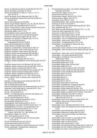 Lorber-Index

Dienst; am Nächsten ist Dienst an Gott,GEJ.06.142.12.ff             Drachenfreilassung; letzte = die endliche Ablegung des
Dienst; der Engel in der Natur,JJ.158.12                                  Fleisches,Hi.02.436;7
Dienst; der Engel,GEJ.01.064.12 + 126.12 + 131.7 +                  Drachenkinder; allgem.,HG.01.02.11
      GEJ.10.116.10                                                 Drachenohnmacht,HG.02. 6.10
Dienst; der Engel; an den Menschen,GEJ.10.198.?                     Drachenreden; allgem.,HG.02.272.8 + 273.4
Dienst; der Menschen bedarf Gott nicht!,HG.02.208.19 +              Drachensklaven; allgem.,GS.01.011.5
      GEJ.06.142.7                                                  Drangsale; warum,GEJ.01.119.8
Dienst; des Amtes geht vor,HG.239.6                                 Dreeinigkeit Gottes; Vater und Sohn,GEJ.02.32;6
Dienst; dessen Wesen; Bedienter. etc. etc.,GEJ.04. 99.6+7a          Drehung; der Erde ihr Grund,EM. 7
Dienst; erster; der Erschaffenen,HG.01.010.15                       Drei; Grade der inneren Lebensvollendung,GEJ.07.155.6
Dienst; mit dem fleischl. Leibe; der Herr darüber,HG.02.228.?       Drei; Liebearten,GEJ.02. 77.1
Dienst; und Gegendienst,HG.02. 25.20                                Drei; Weise aus dem Morgenland,GEJ.03.197.1 + JJ. 29
Dienstfertig; allgem.,HG.01.173.3                                   Dreieinheit; aller Organismen,GL. S.70.ff
Dienstwilligkeit; rechte u.falsche,GEJ.02. 76.6.ff                  Dreieinheit; im Menschen,GEJ.01.117.4.ff
Dieser is t's; der da kommt (1.Joh.5;6-8),Hi.02.60 ff               Dreieiniger; Gott grundsätzl.,GS.01. 65.5.ff
Diesseits ist Besserung möglich,GEJ.07.170;8                        Dreieinigkeit - Jesu Taufe und Bild der Taube,GEJ.04.231;10 ff
Diesseits; und Jenseits u.d. Mensch,GEJ.10.113.3                    Dreieinigkeit - Jesus im Weltverstand,GEJ.03.16;1+3
Dinge; die; sind Guhepunkte d.                                      Dreieinigkeit - Jesus ist der Vater,Hi.02.65
      Gottesgedanken,HG.02.124.28.ff                                Dreieinigkeit - Trinitätsdogma,DW 1971 S.165
Dinge; kleine beobachten,Hi.01.368;9                                Dreieinigkeit - Uneinigkeit der Jünger über Jesu
Dinkel; Weizen mit Gräten,HG.01.96;8                                      Wesen,GEJ.04.88;1 ff
Diogenes und Alexander d. Große,GEJ.03.158;7-11                     Dreieinigkeit - Vater und Sohn im Herrn,GEJ.05.246;13-14
Diogenes und Epikur; deren Lehren,GEJ.05.212;6                      Dreieinigkeit - Vater und Sohn sind ein Wesen,GEJ.08.158;16-
Diogenes und Epikur; deren Lehren,GEJ.08.184                              17
Diogenes; Kyniker als Lebensfeinde,GEJ.06.068.6                     Dreieinigkeit - Vater; Sohn und Hl. Geist,GEJ.04.110;9+12
Diogenes; Stoiker aus dessen Lehre,GEJ.10.220;7                     Dreieinigkeit - der Jünger Zweifel,GEJ.04.229
Diogenes; allgem.,GEJ.05.212.7                                      Dreieinigkeit - der Mensch macht aus Gott drei
Diogenes; dessen Anhänger,GEJ.04.105;12                                   Götter,GEJ.07.184;4
Diogenes; dessen Gottesflucht und Verachtung,GEJ.04.132;7-          Dreieinigkeit Gottes,HG.01.2;10
      8                                                             Dreieinigkeit Gottes,HG.01.9;26
Diogenes; dessen Lehre vom Nichtsein,GEJ.04.104;2                   Dreieinigkeit Gottes,Vater und Kind S.86
Diogenes; dessen Leugnung des Jenseits,GEJ.10.52;10                 Dreieinigkeit erklärt,GS.01.51
Diogenes; dessen nichtige Lehre,GEJ.04.125;4                        Dreieinigkeit in Gott und Mensch,DW 1977 S.200
Diogenes; dessen stoische Weltanschauung,GEJ.05.175                 Dreieinigkeit in Gott und Mensch,GEJ.04.230;2 ff
Diogenes; dessen traurige Anhänger,GEJ.10.69;10                     Dreieinigkeit in Gott und Mensch,GEJ.08.25-27;6
Diogenes; dessen verkehrte Lehre,GEJ.04.115;14                      Dreieinigkeit,GS.01.51;19-23
Diorama; geistiges,GS.01. 6.1.ff + 14.ff + GS.02.123.ff             Dreieinigkeit,GS.01.74;14-18
Disput; zwichen Juden u.Griechen über Jesus,GEJ.09.                 Dreieinigkeit,GS.02.13
      33.10;34                                                      Dreieinigkeit,HG.01.2;10
Disziplin und Überwachung der Gedanken,GEJ.07.36                    Dreieinigkeit,HH.01.126;1 ff
Diät; Winke darüber,EM 35.ff                                        Dreieinigkeit,Vaterbriefe Nr. 54+57+58
Diät; wichtiges darüber,Sat.046.ff                                  Dreieinigkeit; Dreigöttertum zu Nizäa,Hi.02.68;18
Dodona und Delphi Orakel sind Satanswerk,GEJ.10.178;15              Dreieinigkeit; Gott und Vater,HG.01.167;9 ff
Dogmatik; Fortschrittshindernis i.Jesneits,HH.01.150.4              Dreieinigkeit; Gottes erklärt,GEJ.06.229 + 230
Donau - Ister (röm.),GEJ.03.167;4                                   Dreieinigkeit; Gottes u. d. Menschen,GEJ.08. 24.8 + S. 10 S.56
Donner = Ernst,HG.02.21;21                                          Dreieinigkeit; Gottes; grundsätzl.,HG.01.09.26 + Hi.02.S.65.1
Donner = der allzeitige starke Verkünder des großen und             Dreieinigkeit; Gottwesen Jesu,GEJ.10.104;4-5
      starken Gottes,HG.01.10;3                                     Dreieinigkeit; Ich bin das Licht der Liebe des
Donner; des Gerichtes,HG.01.05.21                                         Vaters,GEJ.09.213;15-16
Donner; dessen geistiger Zweck,HG.01.010.3                          Dreieinigkeit; Jesus ist der wahre Gott,GEJ.08.25;14 ff
Donnerpredigt; Gottes,HG.01.161.7                                   Dreieinigkeit; Jesus ist eine Person mit dem
Doppelgänger; deren Erklärung,GS.01. 93.1.ff                              Vater,GEJ.04.163;6
Doppelgängerei; aus Liebe; bei Seth,HG.02.103.11-15                 Dreieinigkeit; Jesus; alleiniger Gott,GS.01.74;14
Doppelgängertum im Dies - und Jenseits,GS.01.93                     Dreieinigkeit; Jesus; der eingeborene Sohn Gottes,D W 1970
Doppelnatur; des Menschen,HG.03. 23.13 + 75.8                             S.121
Doppelsonnen; aus der Sicht d.Planeten                              Dreieinigkeit; Lehre darüber(Joh.),GEJ.04. 88.2.ff
      d.Sphär.,GS.02.047.17a + GEJ.06.248.12.ff                     Dreieinigkeit; Reflexionen darüber,Sat.010.S.56 ?
Doppelsterne; allgem.,GL. S.61.ff                                   Dreieinigkeit; Trennung der Gottheit vom Menschen
Dorn; als Entsprechung,Hi.01. S.323                                       Jesus,GEJ.11.65
Dornen = die Freiheitsprüfungen und Versuchungen                    Dreieinigkeit; Vater und Sohn in Jesus,GEJ.04.252
      ...,Hi.01.225;10                                              Dreieinigkeit; Vater und Sohn,GEJ.01.109;15
Dornen am Rosenstrauch,Hi.01.225;10                                 Dreieinigkeit; Vater und Sohn,Hi.02.57
Drache; Beschreibung,HG.02.273;3-4                                  Dreieinigkeit; Wink darüber,HG.01.143.8
Drache; dessen Fesselung u.letzte Probung,Hi.02. S.436.8            Dreieinigkeit; das dreieinige Wesen Gottes,GEJ.07.198;14-16
Drache; gefesselter die gezähmten Gelüste des                       Dreieinigkeit; der Herr darüber zu Mönchen,HH.02.270.8-12
      Fleisches,Hi.02.436;7                                         Dreieinigkeit; der Vater in Jesus,GEJ.04.144;14

                                                       Seite 21 von 160
 