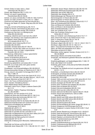 Lorber-Index

Einheit; Gottes im Vater; Sohn u. Geist                                 Elektrizität; dessen Wesen; Elektronen,GEJ.08.143-144
      untrennbar,GEJ.06.230.2-7                                         Elektrizität; elektrische Erscheinungen,GEJ.08.145
Einheit; alter Religionen,GEJ.11.075.11.ff                              Elektrizität; was ist,DW 1966 S.60
Einheit; mit Jesus in gesonderter                                       Elektrizität; über dieselbe,SGh S.14
      Persönlichkeit,GEJ.04.163.6b                                      Elektrizitätssauger der Pflanzen,Hi.01.220;15 ff
Einheit; von Jesus und Gott,GEJ.11.048.10 + GEJ.10.073.3                Elementargeister im Fleisch,GEJ.04.187
Einheit; von Vater und Sohn in Gott,JJ.91.12. + 298.ff                  Elementargeister im Fleisch,GEJ.05.235;9
Einhörner sind selten geworden auf der Erde,NS 59;3                     Elias = die Vorstrahlung der göttlichen Liebe,Hi.02.111;7
Einigung; der Seele m.d. Geiste- Weg dazu,GEJ.08.150.8c                 Elias als Endzeitprophet,GEJ.05.235;8
      unt.                                                              Elias und Moses als Vorläufer,GEJ.05.235;9
Einigung; mit Gott ist Rückbringung ,NS. 70.13                          Elias und Moses in der Endzeit,GEJ.05.235;9
Einkehr im Herzen; Verinnerlichung,GEJ.03.61;1-3/8                      Elias; Endzeitprophet,GEJ.11.30;1-2
Einkehr; ins eigene Herz wichtig ,GEJ.03.60.20                          Elias; der Vorläufer,Hi.02.110 ff
Einkörperung; des Herrn zur Besiegung der                               Elias; des Propheten Gottschauen in der
      Hölle,GEJ.06.239+240                                                    Höhle,GEJ.07.100.6+7
Einladung; väterliche wenn's sein kann,Nz. S.65.ff                      Elias; ein Vorläufer- seine Bedeutung,Hi.02.S.110.7 -11
Einlegen; des Geistes in das Ungeborene,EM 51.ff                        Elias; erkennt den Herrn in der Höhle,Hi.02.S.113.6
Einmaligkeit; dieser Offenbarung                                        Elias; in Johannes d.Täufer,GEJ.01.144.18
      üb.d.Jenseits,GS.02.123.11.13                                     Elias; wahrer Prophet,Hi.02.112 ff
Einsiedelei; deren Ursprung,GEJ.01.8.4                                  Elmsfeuer; allgem,GEJ.08.142.13 + 145.12 + HG.01.155.17 +
Einsiedler,GEJ.05.245;9                                                 Elmsfeuer; allgem,GEJ.08.145.10 + NS.15.17
Einsiedler; törichtes leben,GEJ.07.156;4 ff                             Eltern; Tanzunterricht für Kinder,Hi.01.250;11-12
Einstecken; muß der Herr vieles von uns,HG.01.158.19                    Eltern; der Welt nicht widersetzen,Hi.01.262;5
Einswerdung; Jesu m.d.Vater i.ungesonderter                             Elternliebe ist blind,Hi.01.254;4
      Persönlk.,GEJ.04.163.6.                                           Elternliebe; rechte; eigenen; fremden; Kindern,Hi.01.S.11 +
Einswerdung; d.Menschen m.Jesus i.gesonderter                                 GEJ.02.068.6ff
      Persönlk.,GEJ.04.163.6                                            Elternsorge; falsche und rechte,Hi.02.S.259.9
Eintritt; ins Kinderreich,GS.02.67.ff                                   Empfinden; des Naheseins geliebter Menschen- wie,GEJ.04.
Einung von Seele und Geist wird nicht                                         52.5+8
      erzwungen,GEJ.07.223;9                                            Empfindungsfähigkeit; und Seelentätigkeit,GEJ.11.056.1.ff
Einwirkung; gedankliche; auf andere,GEJ.11.S.331                        Ende; aller 'Zeiten',Hi.01.S.223.ff
Einwürfe; d.n.d.Tode nichts mehr getan werden                           Endertrag; göttl. Erzieh.u.Entw.Zeit auf die Reife d.Erde,EM
      kann,GS.01.89.2.ff                                                      53.17.(S.153)
Einzelwesen; und Universalintelligenz,GEJ.08.029.8.ff                   Enderträge; der Zeitläufe sind auf uns gekommen-,GEJ.06.
Einzug eines großen Königs; ein Gleichnis,Hi.01.168;11                        63.3-6 + 10-13
Einzug; Jesus in Jerusalem Vorhersage,HG.01.091.7 +                     Endlichkeit; u.Unendlichkeit d.Herrn,GEJ.04.122.5.ff
      GEJ.11.066.1.ff                                                   Endlosigkeit; jenseitiger Schulen,GEJ.06.065.5.ff
Eis = Weltsorgen sind pur Eis für den Geist,Hi.02.141;6                 Endzeit und Maschinen,GEJ.04.207;12
Eis am Pol = die kalte Liebe; die allein fähig ist...,HG.01.5;35        Endzeit,DW 1974 S.298
Eischale; Wärzchen auf der,Hi.01.397;1 ff                               Endzeit; 1000 und nicht noch einmal 1000 Jahre,GEJ.01.72;3
Eisen = die Treue und Beharrlichkeit,Hi.01.323;14                       Endzeit; 1800 und nahezu 90 Jahre,DW 1974 S.314
Eisen; Gestein; Herstellung,HG.02.7                                     Endzeit; Aussagen der NO,DW 1971 S.395
Eisen; Metall dessen Wesen,EM 045.ff                                    Endzeit; Elias und Moses als Vorläufer,GEJ.05.235;9
Eisenbahn; deren Fluch u.Segen u.seltener Gewinn,EM                     Endzeit; Elias und Moses,GEJ.05.235;9
      64.11-12                                                          Endzeit; Erde wird fortbestehen,GEJ.05.110;6
Eisenbahnen; Telefon; Flugzeug; Ankündigung                             Endzeit; Feind aus den Lüften,GEJ.05.108
      etc.,GEJ.05.046.1                                                 Endzeit; Geld wird die Menschen regieren,GEJ.01.135;20
Eisenbahnen; der Herr darüber,Hi.01.S.84                                Endzeit; Gericht des Heidentums; nahe an 2000
Eitelkeit als Same des Hochmutes,GEJ.01.108;13-14                             Jahre,GEJ.08.46;3
Eitelkeit als Same des Hochmutes,GEJ.02.113;7                           Endzeit; Gericht nach 2000 Jahren,GEJ.09.23;4-7
Eitelkeit der Weiber,GEJ.01.108;13                                      Endzeit; Gericht nach 2000 Jahren,GEJ.09.30;5-6
Ekstase hat keinen Wert für die Seele,GEJ.08.191;19                     Endzeit; Gerichte,GEJ.08.51;3-5
Elektrische Polarität ändert sich nachts,Hi.01.220;17                   Endzeit; Glaubenszustand,GEJ.09.89
Elektrische Schnelligkeit der seelischen                                Endzeit; Kirchenverfolgung der reinen Jünger,GEJ.09.40;1-2
      Schwingungen,Hi.01.303;5                                          Endzeit; Kriegskunst und Erfindungen,KuZ S.43
Elektrizität der Luft,Fl 3 + 6                                          Endzeit; Kriegslust in unseren Herzen,Hi.02.S.295;11;KuZ
Elektrizität des Nordlichtes; elektrisches Licht,SGh S.189                    S.57
Elektrizität ist schneller als das Licht,SGh S.112                      Endzeit; Notzeit; Bewahrung in derselben,Hi.01.138;29-31
Elektrizität und Magnetismus sind des Herrn Wille,LGh S.241             Endzeit; Papst als Antichrist; Zukunft Roms,GEJ.08.47
Elektrizität und Magnetismus,LGh S.179                                  Endzeit; Papststuhl fällt; Wiederkunft Christi,GEJ.08.162;2-6
Elektrizität wird bei Gährung frei,Hi.01.243;5 ff                       Endzeit; Papsttum und Antichrist,GEJ.07.184;4-10
Elektrizität,DW 1971 S.197                                              Endzeit; Prophetenerweckung nahe 2000
Elektrizität; Entladung beim Menschen; Selbstverbrennung,Fl                   Jahre,GEJ.04.150;14-17
      4                                                                 Endzeit; Prophetenerweckung vor Gericht,GEJ.04.176;10
Elektrizität; bei Schnee und Eis,GEJ.08.147                             Endzeit; Prophezeiung des Mathael,GEJ.03.33
Elektrizität; deren Wesen,EM. 7.+10. + GEJ.08.143.1.ff + 145.ff         Endzeit; Prophezeiung,GEJ.04.101;13

                                                           Seite 25 von 160
 