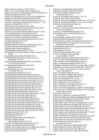 Lorber-Index

Erste; werden die Letzten sein,HH.01.103.12                       Erziehung zur Gotteserkenntnis,GEJ.04.204
Erstes; nur ein; kann Zweites sehen.,HH.02.292.5-8                Erziehung; der Kinder; Winke,GEJ.05.134.3.ff
Erstes; wann kann ein Zweites dieses sehen?,HH.02.292.5+6         Erziehung; der Mütter a.i.Kindern ist sehr
Erstling; aller Menschheit,HG.01.159.4                                 wichtig!,GEJ.08.213.7-9
Erstling; der Wiedergeborenen ist Jesus,GEJ.06.090.9b-12          Erziehung; der Urgeister,GEJ.02.230.6. + 231.1.ff
Erstlinge; aus dem Wort der Wahrheit,HG.02.274.22                 Erziehung; deren; Segen,HG.03.083.3.ff
Eruptionen; vulkanische; deren Entstehung,Hi.01.129;7-12          Erziehung; kirchliche u. geistige der Kinder,Hi.01. S.51 + S.99
Erwachen; das geistige im Menschen,GEJ.03.049.17 + 114.1          Erziehung; verkehrte,GEJ.04.209.1 + 217.5 + 235.4 + 239.1
Erwachen; im Geiste,HG.01.161.10                                  Erziehung; von Kindern durch Engel; wie
Erwartungen zu hoch gespannt,Hi.01.168;8                               u.warum?,GEJ.08.068.5
Erweckung des Geistes durch äußere Ruhe,GEJ.03.60;21              Erziehung; von Kindern durch weise Menschen wann und
Erweckung; des Fleisches,HH.02.155.15                                  warum?,GEJ.08.068.7b
Erweckung; zum ewigen Leben=jüngster Tag,GEJ.01.149.2             Erziehung; zur Willensfreiheit,GEJ.02.227.1.ff
Erweckungsbewegung in Schweden,Hi.02.108                          Erziehungsart; gute + verkehrte,GEJ.02.103.13 +
Erweckungsbewegung; in Schweden (Kinder),Hi.02.108.ff                  GEJ.05.097.1.ff
Erwärmen = die Liebe zum Nächsten,Hi.02.141;4                     Erziehungsfragen; allgem.,GEJ.10.10.237.4
Erzengel Archiel ist der siebte Engel,GEJ.02.45;12+85;12          Erziehungsmittel des Gebetes,Hi.01.331 ff
Erzengel Archiel,GEJ.01.213;2+8                                   Erziehungsordnung; göttl. mit den Menschen,GEJ.08.017.4
Erzengel Archiel,GEJ.02.6;5                                       Erziehungsvergleich; von Herzkindern und aus anderen
Erzengel Gabriel als inkarnierter Jared,GEJ.09.119;4-12                Bereichen,HH.02.294.12b
Erzengel Luzifer inkarniert in Adam,HG.03.21;8                    Erziehungsweise; göttl. und ihre spezielle Art,GEJ.08.099.17
Erzengel Luzifer; Satana,HG.03.24;10                              Erziehungswink,Hi.01.231
Erzengel Michael als Elias,GEJ.01.172;24                          Erziehungswink,Hi.01.371
Erzengel Michael als Georg Riehle,10 Tage mit Jesus 4. Tag        Erziehungswinke; wichtige,GEJ.07.126.1
      Schluß                                                      Erzväter; u.Propheten deren Aufenthalt
Erzengel Michael als Sehel,HG.02.059 + 62;2                            i.Jenseits,GEJ.01.152.8.ff
Erzengel Michael als Vorläufer; damals und in der                 Erzählweise; geistige u.i.Besonderheit,HG.03.146.1-4
      Endzeit,GEJ.11.30;1-2                                       Eselin; des Herrn; deren Besitzer,GEJ.11.066.17.ff
Erzengel Michael als inkarnierter Elias und Johannes              Eselin; des Herrn; ihre Geschichte,GEJ.04.120.10
      d.T.,GEJ.05.235;9 +237;8                                    Eselin; von Raphael erschaffen,GEJ.04.120.7-11
Erzengel Michael inkarniert als Sehel; Sohn                       Eselsfleisch und Schweinefleisch nicht essen,GEJ.10.229;18
      Seths,HG.02.61;24                                           Eselsfüllen; für den Einzug in Jerusalem,GEJ.11.066.14.ff
Erzengel Michael war inkarnierter Johannes                        Essen + Trinken; immer mäßig sein; keine Leckereien;
      d.T.,GEJ.09.119;4-12                                             warum?,GEJ.08.82.15
Erzengel Michael,Psalmen S.48;31-32                               Essen nach Bedürfnis,GEJ.09.116;12
Erzengel Raphael als Weltenschöpfer,GEJ.03.3;3-4                  Essen und Trinken mit Maßen,GEJ.07.85;15
Erzengel Raphael als inkarnierter Henoch,GEJ.07.58;29             Essen und Trinken mit Maßen,GEJ.08.82;11
Erzengel Raphael als inkarnierter Henoch,GEJ.09.119;12            Essen unter Dankgebete,HG.01.17;21
Erzengel Raphael als inkarnierter Henoch,GEJ.10.17;3-4            Essen; Segnung der Speisen,HG.01.73;13
Erzengel Raphael als inkarnierter Henoch,GEJ.10.17;3-4            Essen; Sorge nicht ums,Hi.02.324;8 -10
Erzengel Raphael ist Henoch gewesen,GEJ.07.58;29                  Essen; Tischgebet vor demselben,GEJ.09.11;11
Erzengel Raphael ist Henoch gewesen,GEJ.09.119;4-12               Essen; nachts nichts mehr,GEJ.07.181;14
Erzengel Raphael ist Henoch gewesen,GEJ.10.17;3-4                 Essen; und Trinken; allgemein,GL. S.369.ff + GEJ.05.239.3.ff
Erzengel Raphaels Anrede an den Herrn,GEJ.09.172;6                Essen; was man dir vorsetzt,GEJ.07.208;15-16; sind Schüler
Erzengel Raphaels Materialisation,GEJ.07.15;1-4                        Epikurs,GEJ.02.129;5
Erzengel Uriel als inkarnierter Moses,GEJ.04.129;7 + 204;4        Essenswinke,GEJ.09.6;15
Erzengel Uriel als inkarnierter Moses,GEJ.04.7                    Essenz; die; im Glauben u.i.d.Liebe,GS.02.049.ff
Erzengel Uriel als inkarnierter Moses,GEJ.04.8                    Essäer Grundsätze durch Raphael aufgestellt,GEJ.05.51;8-9
Erzengel Uriel als inkarnierter Moses,GEJ.05.235;9                Essäer Lehre im Gegensatz zum Herrn,GEJ.01.223;5
Erzengel Uriel als inkarnierter Zacharias,GEJ.01.2;1              Essäer Oberster war Roklus,GEJ.08.201;20
Erzengel Uriel als inkarnierter Zacharias,GEJ.03.146-152          Essäer Schule; Jesus war nicht in derselben,GEJ.10.10;7 -8
Erzengel Uriel als inkarnierter Zacharias,GEJ.05.234              Essäer als freie Maurer der Gottesburg,GEJ.08.194;12-14
Erzengel Uriel als inkarnierter Zacharias,GEJ.05.235;9            Essäer besaßen 6. und 7. Buch Mose,GEJ.04.216;13
Erzengel Uriel als inkarnierter Zacharias,GEJ.05.237;3-8          Essäer blieben lange die reinsten Gemeinden,GEJ.10.49;14
Erzengel Uriel als inkarnierter Zacharias,HG.02.61;26-29          Essäer leugnen Leben nach dem Tod,GEJ.01.152;7
Erzengel Zuriel,HG.01.180;7 - 188                                 Essäer leugnen die Unsterblichkeit der Seele,GEJ.01.125;17
Erzengel Zuriel,HG.02.5;32-34                                     Essäer sind Epikuräer und Kyniker,GEJ.05.212;8
Erzengel Zuriel,JJ.114;2 ff                                       Essäer sind Schüler von Aristoteles und Epikur,GEJ.02.129;5
Erzengel; Michael jenseits,GS.01.048+66+70                        Essäer sollen Freimaurer-Schule gründen,GEJ.02.150
Erzengel; im dritten Grad der                                     Essäer-Geimeinde; ware eine der reinsten,GEJ.09.49;14
      Lebensvollendung,GEJ.07.155.15                              Essäer-Orden als Freimaurer-Orden neu
Erzengel; mit Seelenaugen sichtbar,GEJ.04.140;3                        geordnet,GEJ.05.137
Erzengel; seine Willensfreiheit,GEJ.03.244.6                      Essäer-Orden; dessen Rechtfertigung,GEJ.05.53
Erzengel; sind Erzboten; warum sie so heißen,GEJ.05.106.11        Essäer; Batholomäus war E.,GEJ.02.98 ff + 110;
Erziehung eines Muttersöhnchens,Hi.01.372 ff                      Essäer; Ephrem oder Qumram,DW 1960 S.231
Erziehung zur Demut,GEJ.04.83                                     Essäer; Gefahr durch deren Trugwunder,GEJ.05.50

                                                     Seite 38 von 160
 