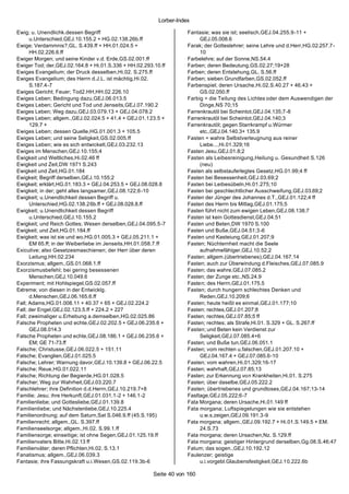 Lorber-Index

Ewig; u. Unendlichk.dessen Begriff                                   Fantasie; was sie ist; seelisch,GEJ.04.255.9 -11 +
      u.Unterschied,GEJ.10.155.2 + HG.02.138.26b.ff                       GEJ.05.008.6
Ewige; Verdammnis?,GL. S.439.ff + HH.01.024.5 +                      Farak; der Gotteslehrer; seine Lehre und d.Herr,HG.02.257.7-
      HH.02.226.6.ff                                                      10
Ewiger Morgen; und seine Kinder v.d. Erde,GS.02.001.ff               Farbelehre; auf der Sonne,NS.54.4
Ewiger Tod; der,GEJ.02.164.8 + Hi.01.S.336 + HH.02.293.10.ff         Farben; deren Bedeutung,GS.02.27;19+28
Ewiges Evangelium; der Druck desselben,Hi.02. S.275.ff               Farben; deren Entstehung,GL. S.56.ff
Ewiges Evangelium; des Herrn d.J.L. ist mächtig,Hi.02.               Farben; sieben Grundfarben,GS.02.052.ff
      S.187.4-7                                                      Farbenspiel; deren Ursache,Hi.02.S.40.27 + 46.43 +
Ewiges Gericht; Feuer; Tod2.HH,HH.02.226.10                               GS.02.050.ff
Ewiges Leben; Bedingung dazu,GEJ.06.013.5                            Farbig = die Teilung des Lichtes oder dem Auswendigen der
Ewiges Leben; Gericht und Tod und Jenseits,GEJ.07.190.2                   Dinge,NS 70;15
Ewiges Leben; Weg dazu,GEJ.03.079.13 + GEJ.04.078.2                  Farrenkrautöl bei Scheintot,GEJ.04.135;7-8
Ewiges Leben; allgem.,GEJ.02.024.5 + 41.4 + GEJ.01.123.5 +           Farrenkrautöl bei Scheintot,GEJ.04.140;3
      129.7 +                                                        Farrenkrautöl; gegen Starrkrampf u.Würmer
Ewiges Leben; dessen Quelle,HG.01.001.3 + 105.5                           etc.,GEJ.04.140.3+ 135.9
Ewiges Leben; und seine Seligkeit,GS.02.005.ff                       Fasten = wahre Selbstverleugnung aus reiner
Ewiges Leben; wie es sich entwickelt,GEJ.03.232.13                        Liebe...,Hi.01.329;16
Ewiges im Menschen,GEJ.10.155;4                                      Fasten Jesu,GEJ.01.8;2
Ewigkeit und Weltliches,Hi.02.46 ff                                  Fasten als Leibesreinigung,Heilung u. Gesundheit S.126
Ewigkeit und Zeit,DW 1971 S.243                                           (neu)
Ewigkeit und Zeit,HG.01.184                                          Fasten als selbstauferlegtes Gesetz,HG.01.99;4 ff
Ewigkeit; Begriff derselben,GEJ.10.155;2                             Fasten bei Besessenheit,GEJ.03.69;2
Ewigkeit; erklärt,HG.01.183.3 + GEJ.04.253.5 + GEJ.08.028.8          Fasten bei Leibesübeln,Hi.01.275;10
Ewigkeit; in der; geht alles langsamer,GEJ.08.122;6-10               Fasten bei geschlechtlicher Ausschweifung,GEJ.03.69;2
Ewigkeit; u.Unendlichkeit dessen Begriff u.                          Fasten der Jünger des Johannes d.T.,GEJ.01.122;4 ff
      Unterschied,HG.02.138.26b.ff + GEJ.08.028.8.ff                 Fasten des Herrn bis Mittag,GEJ.01.175;5
Ewigkeit; u.Unendlichkeit dessen Begriff                             Fasten führt nicht zum ewigen Leben,GEJ.08.138;7
      u.Unterschied,GEJ.10.155.2                                     Fasten ist kein Gottesdienst,GEJ.04.51
Ewigkeit; und Reich Gottes; Wesen derselben,GEJ.04.095.5-7           Fasten und Beten,DW 1970 S.100
Ewigkeit; und Zeit,HG.01.184.ff                                      Fasten und Buße,GEJ.04.51;3-6
Ewigkeit; was ist sie und wo,HG.01.005.3 + GEJ.05.211.1 +            Fasten und Kasteiung,GEJ.01.207;9
      EM 65.ff; in der Weiberliebe im Jenseits,HH.01.058.7.ff        Fasten; Nüchternheit macht die Seele
Exicutive; also Gesetzesmaschienen; der Herr über deren                   aufnahmefähiger,GEJ.10.52;2
      Leitung,HH.02.234                                              Fasten; allgem.(übertriebenes),GEJ.04.167.14
Exorzismus; allgem.,GS.01.068.1.ff                                   Fasten; auch zur Überwindung d.Fleisches,GEJ.07.085.9
Exorzismusbefehl; bei gering besessenen                              Fasten; das wahre,GEJ.07.085.2
      Menschen,GEJ.10.049.6                                          Fasten; der Zunge etc.,NS.24.9
Experiment; mit Hohlspiegel,GS.02.057.ff                             Fasten; des Herrn,GEJ.01.175.5
Extreme; von diesen in der Entwicklg.                                Fasten; durch hungern schlechtes Denken und
      d.Menschen,GEJ.06.165.6.ff                                          Reden,GEJ.10.209;6
Fall; Adams,HG.01.008.11 + 40.37 + 65 + GEJ.02.224.2                 Fasten; heute heißt es einmal,GEJ.01.177;10
Fall; der Engel,GEJ.02.123.5.ff + 224.2 + 227                        Fasten; rechtes,GEJ.01.207;8
Fall; zweimaliger u.Erhebung a.demselben,HG.02.025.86                Fasten; rechtes,GEJ.07.85;5 ff
Falsche Propheten und echte,GEJ.02.202.5 + GEJ.06.235.6 +            Fasten; rechtes; als Strafe,Hi.01. S.329 + GL. S.267.ff
      GEJ.08.014.3                                                   Fasten; und Beten kein Verdienst zur
Falsche Propheten und echte,GEJ.08.186.1 + GEJ.06.235.6 +                 Seligkeit,GEJ.07.085.4+6
      EM; GE 71-73.ff                                                Fasten; und Buße tun,GEJ.06.051.1
Falsche; Christusse,GEJ.06.022.5 + 151.11                            Fasten; vom rechten u.falschen,GEJ.01.207.10 +
Falsche; Evanglien,GEJ.01.025.5                                           GEJ.04.167.4 + GEJ.07.085.6-10
Falsche; Lehrer; Warnung davor,GEJ.10.139.8 + GEJ.06.22.5            Fasten; vom wahren,Hi.01.329;16-17
Falsche; Reue,HG.01.022.11                                           Fasten; wahrhaft,GEJ.07.85;13
Falsche; Richtung der Begierde,HG.01.028.5                           Fasten; zur Erkennung von Krankheiten,Hi.01. S.275
Falscher; Weg zur Wahrheit,GEJ.03.220.7                              Fasten; über daselbe,GEJ.05.222.2
Falschlehrer; ihre Definition d.d.Herrn,GEJ.10.219.7+8               Fasten; übertriebenes und grundloses,GEJ.04.167;13-14
Familie; Jesu; ihre Herkunft,GEJ.01.031.1-2 + 146.1-2                Fasttage,GEJ.05.222;6-7
Familienliebe; und Gottesliebe,GEJ.01.139.8                          Fata Morgana; deren Ursache,Hi.01.149 ff
Familienliebe; und Nächstenliebe,GEJ.10.225.4                        Fata morgana; Luftspiegelungen wie sie entstehen
Familienordnung; auf dem Saturn,Sat S.046.9.ff (45.S.195)                 u.w.s.zeigen,GEJ.09.191.3-9
Familienrecht; allgem.,GL. S.397.ff                                  Fata morgana; allgem.,GEJ.09.192.7 + Hi.01.S.149.5 + EM.
Familienseelsorge; allgem.,Hi.02. S.99.1.ff                               24.S.73
Familiensorge; einseitige; ist ohne Segen,GEJ.01.125.19.ff           Fata morgana; deren Ursachen,Nz. S.129.ff
Familienvaters Bitte,Hi.02.13 ff                                     Fata morgana; geistiger Hintergrund derselben,Gg.08.S.46;47
Familienväter; deren Pflichten,Hi.02. S.13.1                         Fatum; das sogen.,GEJ.10.192.12
Fanatismus; allgem.,GEJ.06.039.3                                     Faulenzer; geistige
Fantasie; ihre Fassungskraft u.i.Wesen,GS.02.119.3b-6                     u.i.vorgebl.Glaubensfestigkeit,GEJ.10.222.6b

                                                        Seite 40 von 160
 