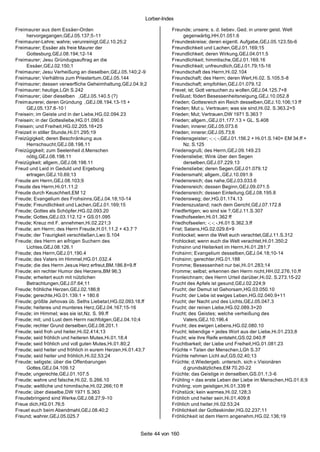Lorber-Index

Freimaurer aus dem Essäer-Orden                                      Freunde; unsere; s. d. liebev. Ged. in unsrer geist. Welt
     hervorgegangen,GEJ.05.137;5-11                                        gegenwärtig,HH.01.051.6
Freimaurer-Lehre; wahre; verunreinigt,GEJ.10.25;2                    Freundeskreise; deren eigentl. Aufgabe,GEJ.05.123.5b-6
Freimaurer; Essäer als freie Maurer der                              Freundlichkeit und Lachen,GEJ.01.169;15
     Gottesburg,GEJ.08.194;12-14                                     Freundlichkeit; deren Wirkung,GEJ.04.011.5
Freimaurer; Jesu Gründugsauftrag an die                              Freundlichkeit; himmlische,GEJ.01.169.16
     Essäer,GEJ.02.150;1                                             Freundlichkeit; unfreundlich,GEJ.01.79;15-16
Freimaurer; Jesu Verheißung an dieselben,GEJ.05.140;2-9              Freundschaft des Herrn,Hi.02.104
Freimaurer; Verhältnis zum Priestertum,GEJ.05.144                    Freundschaft; des Herrn; deren Wert,Hi.02. S.105.5-8
Freimaurer; dessen verwerfliche Geheimhaltung,GEJ.04.9;2             Freundschaft; empfohlen,GEJ.01.079.12
Freimaurer; heutige,LGh S.242                                        Frevel; ist; Gott versuchen zu wollen,GEJ.04.125.7+8
Freimaurer; über dieselben ,GEJ.05.140.5 (?)                         Freßlust; födert Besessenheitsneigung,GEJ.10.052.8
Freimaurerei; deren Gründung ,GEJ.08.194.13-15 +                     Frieden; Gottesreich ein Reich desselben,GEJ.10.106;13 ff
     GEJ.05.137.8-10 !                                               Frieden; Mut u. Vertrauen; was sie sind,Hi.02. S.363.2+5
Freisein; im Geiste und in der Liebe,HG.02.094.23                    Frieden; Mut; Vertrauen,DW 1971 S.363 ?
Freisein; in der Gottesliebe,HG.01.090.6                             Frieden; allgem.,GEJ.01.177.13 + GL. S.408
Freisein; und Freiheit,HG.02.205.16+25                               Frieden; innerer,GEJ.05.073.6
Freizeit in stiller Stunde,Hi.01.295;19                              Frieden; innerer,GEJ.05.73;6
Freizügigkeit; deren Beschränkung aus                                Friedensgeister; -; -; -,GEJ.01.156.2 + Hi.01.S.140+ EM 34.ff +
     Herrschsucht,GEJ.08.198.11                                            Nz. S.125
Freizügigkeit; zum Seelenheil d.Menschen                             Friedensgruß; des Herrn,GEJ.09.149.23
     nötig,GEJ.08.198.11                                             Friedensliebe; Wink über den Segen
Freizügikeit; allgem.,GEJ.08.198.11                                        derselben,GEJ.07.229.13
Freud und Leid in Geduld und Ergebung                                Friedensliebe; deren Segen,GEJ.01.079.12
     ertragen,GEJ.10.69;13                                           Friedensmahl; allgem.,GEJ.10.091.9
Freude am Herrn,GEJ.08.103;9                                         Friedensreich; das nahe,GEJ.03.033.6
Freude des Herrn,Hi.01.11;2                                          Friedensreich; dessen Beginn,GEJ.09.071.5
Freude durch Keuschheit,EM 12                                        Friedensreich; dessen Einleitung,GEJ.08.195.8
Freude; Evangelium des Frohsinns,GEJ.04.18;10-14                     Friedensweg; der,HG.01.174.13
Freude; Freundlichkeit und Lachen,GEJ.01.169;15                      Friedenszustand; nach dem Gericht,GEJ.07.172.8
Freude; Gottes als Schöpfer,HG.02.093.20                             Friedfertigen; wo sind sie ?,GEJ.11.S.307
Freude; Gottes,GEJ.03.112.12 + GS.01.095                             Friedhofseelen,Hi.01.362 ff
Freude; Kreuz mit F. annehmen,Hi.02.221;3                            Friedhofseelen; -; -; -,Hi.01 S.362.3.ff
Freude; am Herrn; des Herrn Freude,H.01.11.2 + 43.7 ?                Frist; Satans,HG.02.029.6+9
Freude; der Traurigkeit verschließen,Lwo S.104                       Frohlocket; wenn die Welt euch verachtet,GEJ.11.S.312
Freude; des Herrn an eifrigen Suchern des                            Frohlocket; wenn euch die Welt verachtet,Hi.01.350;2
     Lichtes,GEJ.08.126.1                                            Frohsinn und Heiterkeit im Herrn,Hi.01.281;7
Freude; des Herrn,GEJ.01.190.4                                       Frohsinn; Evangelium desselben,GEJ.04.18;10-14
Freude; des Vaters im Himmel,HG.01.032.4                             Frohsinn; gerechter,HG.01.188
Freude; die des Herrn Jes us Herz erfreut,BM.186.8+9.ff              Fromme; Besessenheit nur bei,Hi.01.283;14
Freude; ein rechter Humor des Herzens,BM 96;3                        Fromme; selbst; erkennen den Herrn nicht,HH.02.276.10.ff
Freude; erheitert euch mit nützlichen                                Fronleichnam; des Herrn Urteil darüber,Hi.02. S.273.15-22
     Betrachtungen,GEJ.07.64;11                                      Frucht des Apfels ist gesund,GEJ.02.224;9
Freude; fröhliche Herzen,GEJ.02.186;8                                Frucht; der Demut ist Gehorsam,HG.03.050.10
Freude; gerechte,HG.01.139.1 + 180.6                                 Frucht; der Liebe ist ewiges Leben,HG.02.040.9+11
Freude; größte Jehovas üb. Seths Liebetat,HG.02.093.18.ff            Frucht; der Nacht und des Lichts,GEJ.05.047.3
Freude; heiteres und munteres Herz,GEJ.04.167;15-16                  Frucht; der reinen Liebe,HG.02.089.3+20
Freude; im Himmel; was sie ist,Nz. S. 99.ff                          Frucht; des Geistes; welche verheißung des
Freude; mit; und Lust dem Herrn nachfolgen,GEJ.04.10;4                     Vaters,GEJ.10.196.4
Freude; rechter Grund derselben,GEJ.08.201.1                         Frucht; des ewigen Lebens,HG.02.080.10
Freude; seid froh und heiter,Hi.02.414;13                            Frucht; lebendige = jedes Wort aus der Liebe,Hi.01.233;8
Freude; seid fröhlich und heiteren Mutes,Hi.01.18;4                  Frucht; wie ihre Reife entsteht,GS.02.040.ff
Freude; seid fröhlich und voll guten Mutes,Hi.01.80;2                Fruchtbarkeit; der Liebe und Freiheit,HG.01.081.23
Freude; seid heiter und fröhlich in eurem Herzen,Hi.01.43;7          Früchte = Taten der Menschen,LGh S.37
Freude; seid heiter und fröhlich,Hi.02.53;24                         Früchte nehmen Licht auf,GS.02.40;13
Freude; seligste; über die Offenbarungen                             Früchte; d.Wiedergeb. untersch. sich v.Visionären
     Gottes,GEJ.04.109.12                                                  d.grundsätzliches,EM 70.20-22
Freude; ungerechte,GEJ.01.107.5                                      Früchte; das Geistige in denselben,GS.01.1;3-6
Freude; wahre und falsche,Hi.02. S.266.10                            Frühling = das erste Leben der Liebe im Menschen,HG.01.6;9
Freude; weltliche und himmlische,Hi.02.266;10 ff                     Frühling; vom geistigen,Hi.01.339 ff
Freude; über dieselbe,DW 1971 S.363                                  Frühstück; kein warmes,Hi.02.128;3
Freudebringend sind Werke,GEJ.08.27;9-10                             Fröhlich und heiter sein,Hi.01.409;8
Freue dich,HG.01.76;5                                                Fröhlich und heiter,Hi.02.53;24
Freuet euch beim Abendmahl,GEJ.08.40;2                               Fröhlichkeit der Gotteskinder,HG.02.237;11
Freund; wahrer,GEJ.05.025.7                                          Fröhlichkeit ist dem Herrn angenehm,HG.02.136;19


                                                        Seite 44 von 160
 