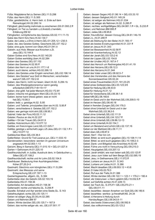 Lorber-Index

Füße; Magdalena fiel zu Seinen,GEJ.11.S.298                            Geben; dessen Segen,HG.01.98.14 + GEJ.03.33.10
Füße; des Herrn,GEJ.11.S.300                                           Geben; dessen Seligkeit,HG.01.149.24
Füße; geistleibliche; d. Herrn betr. d. Erde auf dem                   Geben; ist seliger als Nehmen,HG.01.034
      Reinerkogel,HH.02.260.14                                         Geben; ist seliger als Nehmen,Hi.02. S.285.ff
Fähigkeit; gleichzeitig mehrmals zu erscheinen,GS.01.093.2.ff          Geben; rechtes; wohlgefälliges,GEJ.04.081.1.ff + GL. S.233.ff
Fähigkeit; im Tier zu handeln u.d.Anstoß z.handeln;                    Geben; und Nehmen,BM.095.ff
      Erklärung,EM 42                                                  Geben; vieles,GEJ.09.95;6
Fähigkeiten; schöpferische des Geistes,GS.02.111.11-15                 Geber; freundlicher; dessen Vorzug,GEJ.04.81.14b-16
Gabe des Herrn fürs Herz,Hi.02.134;7                                   Gebet J.L.,Hi.01.295 ff
Gabe; der Liebe u.z.Ehre d.Herrn,GEJ.01.205.12 + 230.5                 Gebet als Stärkung für den Beter,Hi.01.165;17
Gabe; die; des Geistes Gottes; Geschenk,GEJ.07.152.2                   Gebet als bestes Erziehungsmittel,Hi.01.331 ff
Gabe; eine gute; kommt von Oben,HG.01.041.4                            Gebet an Jesus,Hi.01.343
Gabeln; aus Holz; Messer aus Knochen z.Zt.                             Gebet bei Besessenheit,Hi.02.58 ff
      Jesu,GEJ.10.144.9                                                Gebet bei Krankenheilung,Hi.02.12
Gaben Gottes sind fürs Herz,Hi.02.140;20                               Gebet der Jarah,GEJ.03.123;2-6
Gaben Gottes werktätig üben,Hi.02.284                                  Gebet der Lippen,GEJ.02.154;8
Gaben des Geistes,GEJ.07.152                                           Gebet der Urväter,HG.01.167;4-7
Gaben des Geistes,Hi.02.95 ff                                          Gebet des Henoch um Rednergabe,HG.01.41;19
Gaben des Herrn an uns,Hi.01.177;1 -8                                  Gebet des Herzens,GEJ.09.12;3
Gaben; auch kleine; achten,HG.02.266.13                                Gebet des Herzens,Hi.01.344
Gaben; des Geistes unter Engeln verschied.,GEJ.02.196.14               Gebet des Vater unser,GEJ.08.92;5-7
Gaben; des Geistes² aus Gott im Menschen; verschieden                  Gebet des Verstandes und des Herzens der
      warum?,GEJ.07.152.2-6                                                Sonnenbewohner,GS.02.24
Gaben; des Herrn; nicht nur lesen; üben!,Hi.02. S.284.1b               Gebet eines Frauenhelden,Hi.01.191;23-25
Gaben; des Wiedergeborenennur wenn geistig                             Gebet eines Gotteskindes,GEJ.03.123;3/5
      erforderlich,EM 070.7+8+15+17                                    Gebet für Heilung,GEJ.09.43;9
Gaben; drei göttl. hat jeder Mensch,HG.03.172.8!!                      Gebet für Heilung,Hi.01.12
Gaben; irdische mit geistigem Wert,GEJ.03.33;10                        Gebet für Verstorbene,GEJ.08.38;1-8
Gaben; keiner kann etwas geben; was er nicht                           Gebet hilft,GEJ.08.160;6
      hat,GEJ.10.90;3                                                  Gebet im Geist und in der Wahrheit,GEJ.09.209;5-10
Gaben; leibl. u. geistige,Hi.02. S.95                                  Gebet im Herzen,GEJ.08.40;18
Gaben; und Talente; prinzipielles über sie,Hi.02. S.95.ff              Gebet in fremden Zungen,GEJ.04.179;3
Gaben; verschiedene d. Geistes,GEJ.07.152.2                            Gebet ohne Unterlaß im Geist und in der
Gaben; wer geringe nicht ehrt,GEJ.08.95;1                                  Wahrheit,GEJ.03.36;3-5
Gabriel; Vater der Pura,HG.03.11;12                                    Gebet ohne Unterlaß,GEJ.02.111;9
Galater; Paulus an die,Hi.02.227                                       Gebet ohne Unterlaß,GEJ.04.123;7 ff
Galiläa = Ort der Trauer,GEJ.04.81;9                                   Gebet ohne Unterlaß,GEJ.09.86;12-13
Galiläa; Holzreichtum,GEJ.10.077.12                                    Gebet ohne Unterlaß,Hi.02.154;1
Galiläa; ein freisinniges Land,GEJ.01.025.7                            Gebet um Beistand wird erhört,GEJ.02.137;16
Galiläa; geistige u.wirtschaft.Lage z.Zt.Jesu,GEJ.01.132.1.ff +        Gebet vor der Mahlzeit,GEJ.09.11;11
      GEJ.10.077.12                                                    Gebet üben,GEJ.09.87;4
Galiläisches Meer,GEJ.04.36;4                                          Gebet, Herr! - Hier bin ich.
Gallenfieber; Grund für Tod Lazarus jun.,GEJ.11.033.10                 Gebet; Bittet; so wird euch gegeben,GEJ.10.108;11-14
Gandenzeiten; besondere- werden im ganzen Universum                    Gebet; Bittet; so wird euch gegeben,GEJ.10.109;2-3
      angesetzt,HH.02.003.1-13                                         Gebet; Dank- und Bittgebet des Knechtes,Hi.02.49
Garizim; Berg in Samaria,GEJ.11.015.10 + GEJ.01.027.4                  Gebet; Führe uns nicht in Versuchung,GEJ.09.210;3
Garten = Gehorsam,Hi.01.225;10                                         Gebet; Hauptgebet,GEJ.03.207;12
Gastfreundschaft; in Judäa; Ausdruck ders. in Gebräuchen u.            Gebet; Jarah erklärt; wie man beten soll,GEJ.03.123.ff
      Sitten,GEJ.07.108.2                                              Gebet; Jesu- zum Vater auf dem Berge,GEJ.02.095.19
Gastfreundschaft; rechte und ihr Lohn,GS.02.104.9                      Gebet; Jesu; in Gethsemane,GEJ.11.072.ff
Gasthäuser; Bedeutung ihrer Aushängeschilder;                          Gebet; Lorbers an Jesus,Hi.01. S.343
      früher,DT.20.2+3                                                 Gebet; Lorbers um Liebe,Hi.01. S.386
Gastmahl; Gleichnis vom königlichen,GEJ.11.S.284                       Gebet; Macht deselben,GEJ.09.003.12 + 43.8
Gastmahl; des Messias und seine                                        Gebet; O Vater,HG.03.79;3
      Entsprechung,GEJ.07.197.1-13                                     Gebet; Ruf aus der Tiefe,Hi.01.386
Gastwirtsgewerbe; allgem.,GL. S.384                                    Gebet; Winke darüber,GEJ.06.122.1 + 123.1 + 179.2 + 180.4
Gattenliebe über die Gebühr,GS.02.103;19                               Gebet; als Vaterunser- v.Herrn gelehrt,GEJ.10.032.6.ff
Gattenliebe,HG.01.158;36                                               Gebet; auf Gefühle achten,Hi.01.228;13
Gattenliebe; Art derselben,HG.01.158.36                                Gebet; bei Tisch,GL. S.375.ff + GEJ.05.270.21 +
Gattenwahl; rechte und falsche,GL. S.256.ff                                GEJ.09.011.11
Gazelle; Schakal und Aar werden eine Seele,GL. S.143                   Gebet; bezahltes- dessen Ansehen vor Gott,GEJ.06.180.6
Gebefreudigkeit; echte,GEJ.05.125.11                                   Gebet; bezahltes- wertlos- ja frevelhaft,NS. 24.34
Geben ist seliger (Apg.20;35),Hi.02.285                                Gebet; d.Herzens b.Heilung durch
Geben und Nehmen,BM 97                                                     Handauflegen,GEJ.09.043.8-11
Geben; Winke darüber,GEJ.05.125.7 + 167.9                              Gebet; das beste (Vaterunser),GEJ.08.092.6
Geben; das rechte seliger als. etc.,GEJ.07.001.17                      Gebet; das vollkommene,GEJ.03.123.2

                                                          Seite 46 von 160
 