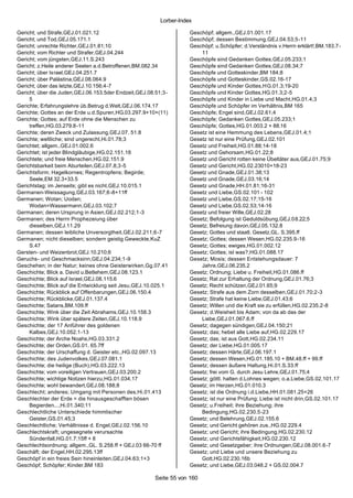 Lorber-Index

Gericht; und Strafe,GEJ.01.021.12                                   Geschöpf; allgem.,GEJ.01.001.17
Gericht; und Tod,GEJ.05.171.1                                       Geschöpf; dessen Bestimmung,GEJ.04.53;5 -11
Gericht; unrechte Richter,GEJ.01.81;10                              Geschöpf; u.Schöpfer; d.Verständnis v.Herrn erklärt!,BM.183.7-
Gericht; vom Richter und Strafer,GEJ.04.244                             11
Gericht; vom jüngsten,GEJ.11.S.243                                  Geschöpfe sind Gedanken Gottes,GEJ.05.233;1
Gericht; z.Heile anderer Seelen a.d.Betroffenen,BM.082.34           Geschöpfe sind Gedanken Gottes,GEJ.08.34;7
Gericht; über Israel,GEJ.04.251.7                                   Geschöpfe und Gotteskinder,BM 184;8
Gericht; über Palästina,GEJ.08.064.9                                Geschöpfe und Gotteskinder,GS.02.16-17
Gericht; über das letzte,GEJ.10.156;4-7                             Geschöpfe und Kinder Gottes,HG.01.3;19-20
Gericht; über die Juden,GEJ.06.153.5der Endzeit,GEJ.08.51;3-        Geschöpfe und Kinder Gottes,HG.01.3;2-5
     5                                                              Geschöpfe und Kinder in Liebe und Macht,HG.01.4;3
Gerichte; Erfahrungslehre üb.Betrug d.Welt,GEJ.06.174.17            Geschöpfe und Schöpfer im Verhältnis,BM 165
Gerichte; Gottes an der Erde u.d.Spuren,HG.03.297.9+10+(11)         Geschöpfe; Engel sind,GEJ.02.61;4
Gerichte; Gottes; auf Erde ohne die Menschen zu                     Geschöpfe; Gedanken Gottes,GEJ.05.233;1
     treffen,HG.03.279.8-11                                         Geschöpfe; Gottes,HG.01.003.2 + 88.16
Gerichte; deren Zweck und Zulassung,GEJ.07. 51.8                    Gesetz ist eine Hemmung des Lebens,GEJ.01.4;1
Gerichte; weltliche; sind ungerecht,Hi.01.78;3                      Gesetz ist nur eine Prüfung,GEJ.02.101
Gerichtet; allgem.,GEJ.01.002.6                                     Gesetz und Freiheit,HG.01.88;14-18
Gerichtet; ist jeder Blindgläubige,HG.02.151.18                     Gesetz und Gehorsam,HG.01.22;8
Gerichtete; und freie Menschen,HG.02.151.9                          Gesetz und Gericht rotten keine Übeltäter aus,GEJ.01.75;9
Gerichtsbarkeit beim Aburteilen,GEJ.07.8;3-5                        Gesetz und Gericht,HG.02.23010+18-23
Gerichtsform; Hagelkornes; Regentropfens; Begirde;                  Gesetz und Gnade,GEJ.01.38;13
     Seele,EM 32.3+33.5                                             Gesetz und Gnade,GEJ.03.16;14
Gerichtstag; im Jenseits; gibt es nicht,GEJ.10.015.1                Gesetz und Gnade,HH.01.81;16-31
Germanen-Weissagung,GEJ.03.167;6-8+11ff                             Gesetz und Liebe,GS.02.101 - 102
Germanen; Wotan; Uodan;                                             Gesetz und Liebe,GS.02.17;15-16
     Wodan=Wassermann,GEJ.03.102;7                                  Gesetz und Liebe,GS.02.53;14-16
Germanen; deren Ursprung in Asien,GEJ.02.212;1-3                    Gesetz und freier Wille,GEJ.02.28
Germanen; des Herrn Prophezeiung über                               Gesetz; Befolgung ist Geduldsübung,GEJ.08.22;5
     dieselben,GEJ.11.29                                            Gesetz; Befreiung davon,GEJ.05.132.8
Germanen; dessen leibliche Unversorgtheit,GEJ.02.211;6-7            Gesetz; Gottes und staatl. Gesetz,GL. S.395.ff
Germanen; nicht dieselben; sondern geistig Geweckte,KuZ             Gesetz; Gottes; dessen Wesen,HG.02.235.9-16
     S.47                                                           Gesetz; Gottes; ewiges,HG.01.002.12
Gersten- und Weizenbrot,GEJ.10.210;6                                Gesetz; Gottes; ist was?,HG.01.088.17
Geruchs- und Geschmacksinn,GEJ.04.234;1-9                           Gesetz; Mosis; dessen Entstehungsdauer: 7
Geschehen; in der Natur; keines ohne Geisterwirken,Gg.07.41             Jahre,GEJ.06.235.2
Geschichte; Blick a. David u.Betlehem,GEJ.08.123.1                  Gesetz; Ordnung; Liebe u. Freiheit,HG.01.086.ff
Geschichte; Blick auf Israel,GEJ.08.115.6                           Gesetz; Rat zur Erhaltung der Ordnung,GEJ.01.76;3
Geschichte; Blick auf die Entwicklung seit Jesu,GEJ.10.025.1        Gesetz; Recht schützen,GEJ.01.65;9
Geschichte; Rückblick auf Offenbarungen,GEJ.06.150.4                Gesetz; Strafe aus dem Zorn desselben,GEJ.01.70;2-3
Geschichte; Rückblicke,GEJ.01.137.4                                 Gesetz; Strafe hat keine Liebe,GEJ.01.43;6
Geschichte; Satans,BM.109.ff                                        Gesetz; Willen und die Kraft sie zu erfüllen,HG.02.235.2-8
Geschichte; Wink über die Zeit Abrahams,GEJ.10.158.3                Gesetz; d.Weisheit bis Adam; von da ab das der
Geschichte; Wink über spätere Zeiten,GEJ.10.118.9                       Liebe,GEJ.01.067.6.ff
Geschichte; der 17 Anführer des goldenen                            Gesetz; dagegen sündigen,GEJ.04.150;21
     Kalbes,GEJ.10.052.1-13                                         Gesetz; das; hebet alle Liebe auf,HG.02.229.17
Geschichte; der Arche Noahs,HG.03.331.2                             Gesetz; das; ist aus Gott,HG.02.234.11
Geschichte; der Orden,GS.01. 65.7ff                                 Gesetz; der Liebe,HG.01.005.17
Geschichte; der Urschaffung d. Geister etc.,HG.02.097.13            Gesetz; dessen Härte,GEJ.06.197.1
Geschichte; des Judenvolkes,GEJ.07.081.1                            Gesetz; dessen Wesen,HG.01.185.10 + BM.48.ff + 99.ff
Geschichte; die heilige (Buch),HG.03.222.13                         Gesetz; dessen äußere Haltung,Hi.01.S.33.ff
Geschichte; vom voreiligen Vertrauen,GEJ.03.200.2                   Gesetz; frei vom G. durch Jesu Lehre,GEJ.01.75;4
Geschichte; wichtige Notizen hierzu,HG.01.034.17                    Gesetz; göttl. halten d.Lohnes wegen; o.a.Liebe,GS.02.101.17
Geschichte; wohl bewandert,GEJ.08.188;8                             Gesetz; im Herzen,HG.01.010.3
Geschlecht; anderes; Umgang mit Personen des,Hi.01.413              Gesetz; ist die Ordnung i.d.Liebe,HH.01.081.25+26
Geschlechter der Erde = die hinausgeschafften bösen                 Gesetz; ist nur eine Prüfung; Liebe ist nicht drin,GS.02.101.17
     Begierden...,Hi.01.340;11                                      Gesetz; u.Freiheit; ihre Beziehung; ihre
Geschlechtliche Unterschiede himmlischer                                Bedingung,HG.02.230.5-23
     Geister,GS.01.45;3                                             Gesetz; und Belehrung,GEJ.02.155.6
Geschlechtliche; Verhältnisse d. Engel,GEJ.02.156.10                Gesetz; und Gericht gehören zus.,HG.02.229.4
Geschlechtskraft; ungesegnete verursachte                           Gesetz; und Gericht; ihre Bedingung,HG.02.230.12
     Sündenfall,HG.01.7;15ff + 8                                    Gesetz; und Gerichtsfähigkeit,HG.02.230.12
Geschlechtsordnung; allgem.,GL. S.258.ff + GEJ.03 66-70 ff          Gesetz; und Gesetzgeber; ihre Ordnungen,GEJ.08.001.6-7
Geschäft; der Engel,HH.02.295.13ff                                  Gesetz; und Liebe und unsere Beziehung zu
Geschöpf in ein freies Sein hineinleiten,GEJ.04.63;1+3                  Gott,HG.02.230.16b
Geschöpf; Schöpfer; Kinder,BM 183                                   Gesetz; und Liebe,GEJ.03.048.2 + GS.02.004.7

                                                      Seite 55 von 160
 