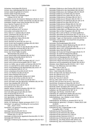 Lorber-Index

Archenbau; heutzutage,GEJ.03.43.9                                  Astrologie; Erklärung zu den Fischen,GEJ.03.102;14 ff
Archiel; Jesu Lieblingsengel,GEJ.02.45;12 + 85;12                  Astrologie; Erklärung zu den Sternbildern,GEJ.04.204;7
Archiel; siebter Engel,GEJ.01.213;2+8                              Astrologie; Erklärung zu den Zwillingen,GEJ.03.103;4 ff
Archiel; siebter Engel,GEJ.02.6;5                                  Astrologie; Erklärung zum Krebs,GEJ.03.103;8 ff
Argument; Satans von d.Notwendigkeit                               Astrologie; Erklärung zum Löwen,GEJ.03.104;1 ff
      d.Bösen,HH.02.182.12ff                                       Astrologie; Erklärung zum Schützen,GEJ.03.105;11
Aristoteles ist einer der besseren Weltweisen,GS.02.51;14-17       Astrologie; Erklärung zum Skorpion,GEJ.03.105;1-7
Aristoteles und Epikur; Essäer sind Schüler von,GEJ.02.129;5       Astrologie; Erklärung zum Steinbock,GEJ.03.105;12-16
Aristoteles; Essäer waren seine Schüler,GEJ.02.129;5               Astrologie; Erklärung zum Stier,GEJ.03.103;1 ff
Arius; falscher Prophet,Hi.02.173-175                              Astrologie; Erklärung zum Widder,GEJ.03.102;18 ff
Arkanum; böses,GEJ.01.228.23                                       Astrologie; Erklärung zur Jungfrau,GEJ.03.104;6 ff
Arme ehelichen,Hi.01.192;21                                        Astrologie; Erklärung zur Waage,GEJ.03.104;7 ff
Arme nicht verführen,Hi.01.191;20-21                               Astrologie; Erklärungen zum Wassermann,GEJ.03.102;7 ff
Arme sollen nicht betteln,HG.01.2;3                                Astrologie; Mars ist kein Kriegsstern,GEJ.09.139
Arme; Geld an A. verleihen,GEJ.01.222;8                            Astrologie; Miron wirkt auf Musik und Dichtung,BM 45;3
Arme; undankbare,GEJ.04.227;16+18                                  Astrologie; Sternbilder als Zeitmesser,GEJ.10.193;10-11
Armen Evangelium,Hi.02.305;2-10                                    Astrologie; Sternenweisheit persischer Magier,GEJ.04.38;7-9
Armut des göttlichen Vaters,HG.02.250                              Astrologie; Tragen von Sternzeichen unnütz,GEJ.08.215;12
Armut im Geiste,Hi.01.329;19                                       Astrologie; Uranus bewirkt das körperliche wie geistige
Armut; Almosen an Arme,GEJ.05.125;7-10                                  Wachstum,BM 44;4
Armut; Armen das Evangelium predigen,GEJ.09.180;8                  Astrologie; Zeichengläubigkeit,GEJ.02.65
Armut; Armen wohltun,GEJ.09.9;5                                    Astrologie; Zodiakus; dessen Bedeutung,GEJ.03.107;1 ff
Armut; Freund der Armen ist Jesu Bruder,GEJ.04.79;5                Astrologie; deren Enstehung,GEJ.04.102-105
Armut; Hungernde und Arme,GEJ.07.94;13-17                          Astrologie; deren Licht- und Schattenseiten,GS.02.15;1 ff
Armut; barmherzig gegen Arme,GEJ.09.5;6                            Astrologie; deren Wert,GEJ.04.96
Armut; den Armen helfen ist wahre                                  Astrologie; die Kunde der Entsprechungen,GS.02.15;1 ff
      Nächstenliebe,GEJ.04.56;13-14                                Astrologie; die zwölf Himmelszeichen,EM 22
Armut; entschuldigt nicht Diebstahl,GEJ.04.79;2                    Astrologie; planetarische Einflüsse,GS.02.122;6-10
Armut; falsche Armenhilfe,GS.02.103;16-18                          Astronomie und Aberglaube,GEJ.10.129-131
Armut; freiwillige,Hi.01.329;20                                    Astronomie; Aufbau des Kosmos,Hi.01.309 ff
Armut; nicht wieviel; sondern wie geben,GEJ.07.1;14-17             Astronomie; Moses Kenntnisse darüber,GEJ.10.130;1
Armut; nicht zuviel auf einmal geben,GEJ.07.158;5                  Atheismus und Grundsatzlehre der Essäer,GEJ.05.25;3
Armut; nur helfen; was wir sehen und kennen,GEJ.04.79;4            Atheisten; deren Bekehrung,GEJ.05.20.2 + 22.1 + 33.2
Armut; nur wahrhaft Arme dürfen betteln,GEJ.08.159;12              Atheope = der Willenlose nach dem Willen
Armut; rechte Betätigung der Nächstenliebe,GEJ.04.97;1 ff               Gottes,HG.01.024;10
Armut; und Reichtum,GEJ.07.37;1-4                                  Atheope; = Cahin,HG.01.024.10
Armut; undankbare Armut,GEJ.04.227;16+18                           Atma = Geist Gottes,GEJ.02.226;5
Armut; vom Wohltun bei,GEJ.07.92;2 ff                              Atmen der Naturwelt; der Steine,Hi.01.212
Armut; wahre Weisheit,HG.03.55;21                                  Atmen der Pflanzen,Hi.01.217 ff
Armut; wahre; enthält großen Schatz,Hi.01.326;5                    Atmen der Pflanzen,Hi.01.243
Armut; was ihr den Armen tut,GEJ.04.142;13                         Atmen der Tiere,Hi.01.243;4 ff
Armut; was immer ihr den Armen tut,GS.02.104;7                     Atmung; alles Leben hat,Hi.01.159;14
Armut; wird stets unter den Menschen verbleiben,GEJ.04.79;4        Atmung; was und wozu sie ist,Hi.01.159;15-22
Armut; über dieselbe,DW 1970 S.352                                 Atombombe; Hinweise auf diese,GEJ.08.76.6+7
Armut; ähnelt dem Herrn,GS.02.104;15                               Atomistische; Tierchen; von Sonnenlicht erzeugt,NS. 2.2
Armutswinke,Hi.02.305;2-10                                         Atomkraft; Gefahr derselben,DW 1970 S.364
Artisten; dessen unnütze Produktion,GEJ.09.13;3                    Atomkraft; die sog. friedliche Nutzung,DW 1970 S.139
Arznei je nach Krankheit,GEJ.02.154;16                             Aufblähen; der Ohnmacht,HG.02.180. 16-18
Arzt muß selbst gesund sein,GEJ.04.154;6                           Aufdringen; des Wortes; nicht,HG.01.98.7
Arzt und Arznei,GEJ.04.37;9-10                                     Aufenthalt; der ungeborenen Seelen,GEJ.02.216.2
Arzt; geschickter; Seelenarzt,GEJ.10.189;4-6                       Aufenthalt; des Herrn in der Wüste,GEJ.01.8.2
Arzt; geschickter; ein Gleichnis,GEJ.10.189;4-6                    Aufenthaltsdauer; max.i.Städten u.Land: Wirken
Arztwinke,GEJ.02.26;10-11                                               d.Sünde,HG.03.28.9
Arztwinke,GEJ.02.46;9 ff                                           Aufenthaltsorte; der Stoiker im Jenseits,GS.01.24.7.ff
Asche; mit; bestreuen; Kleider zerreissen,HG.01.17;11              Aufenthaltsorte; getrennte; f. Christen u. Heiden,GS.01.040
Asmahael = ein getreuer Fremdling (für uns) suchend                     (S.204.ff)
      Gott...,HG.01.119;10                                         Auferstehung Jesu,GEJ.11.76
Asmahael = ein getreuer Fremdling; suchend                         Auferstehung Jesu; Ungleichheiten in den
      Gott,HG.01.58;35                                                  Evangelien,GEJ.11.S.292
Astrologen Sprüche,GEJ.09.145;12                                   Auferstehung des Fleisches,EM 40;6
Astrologie als Einnahmequelle ägyptischer                          Auferstehung des Fleisches,GEJ.08.83
      Priester,GEJ.10.130;1 ff                                     Auferstehung des Fleisches,Hi.01.363;5 ff
Astrologie und Astronomie; ägyptische Kenntnis,GEJ.10.130;1        Auferstehung des Fleisches,Hi.02.2;11
Astrologie,DW 1970 S.26                                            Auferstehung und Entrückung der Toten,GEJ.04.48;1-5
Astrologie; Entdeckung des Zodiakus in Ägypten,GEJ.03.102;1        Auferstehung; Jesu Rede danach,DW 1976 S.133
      ff                                                           Auferstehung; Jesu und Erscheinung,GEJ.11.S.270

                                                       Seite 6 von 160
 
