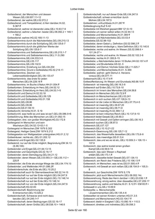 Lorber-Index

Gottesdienst; der Menschen und dessen                               Gotteskindschaft; nur auf dieser Erde,GEJ.04.247.9
     Wesen,GEJ.08.007.11+12                                         Gotteskindschaft; schwer erreichbar durch
Gottesdienst; der wahre,GEJ.02.072.2                                     Mohren,GEJ.04.197;5
Gottesdienst; und Tempeldienst; d.Herr darüber,Hi.02.               Gotteslehren; unfruchtbare,Hi.01.287 ff
     S.367.ff                                                       Gottesleugnung,KuZ S.42
Gottesdienst; wahrer ist dienende Liebe,GEJ.10.63;7-9               Gottesliebe mit Weisheit gepaart,BM 121;9-10
Gottesdienst; wahrer u.falscher- bester,GEJ.08.092.2 + 149.1        Gottesliebe um seiner selbst willen,Hi.02.94;13
     + 160.2                                                        Gottesliebe und Menschenliebe,Hi.01.369 ff
Gottesdienst; wahrer,HG.02.169;11-13                                Gottesliebe und Nächstenliebe,GEJ.03.53;4
Gotteserkenntnis durch die Nächstenliebe,GEJ.09.210;13              Gottesliebe,GS.02.98-102
Gotteserkenntnis durch die Schöpfung,GEJ.09.125;6-7                 Gottesliebe; deren Gebot u. Definition,GS.02.098.2.ff
Gotteserkenntnis durch die göttlichen Werke der                     Gottesliebe; deren eindeutige u. klare Definition,GEJ.10.140.6
     Schöpfung,GEJ.09.125;6-7                                       Gottesliebe; rechte und wahre; ihr Wesen,GS.02.099.6 +
Gotteserkenntnis und Selbsterkenntnis,GEJ.05.215;1-7                     101.24-27 +
Gotteserkenntnis und Selbsterkenntnis,GEJ.11.S.290                  Gottesliebe; rechte und wahre; ihr Wesen,GS.02.102.2-6
Gotteserkenntnis,GEJ.04.233;3-5                                     Gottesliebe; rechte,Hi.01.300;8-15
Gotteserkenntnis,GEJ.05.117                                         Gottesliebe; u.Nächstenliebe deren 10 Stufen,HH.02.157.4.ff
Gotteserkenntnis,GEJ.09.132;9                                       Gottesliebe; und Bruderliebe,GS.02..5
Gotteserkenntnis; Erziehung zur,GEJ.04.204                          Gottesliebe; und Demut; höchste Güter,GEJ.11.025.7
Gotteserkenntnis; Grund z.Gottesliebe,HG.02.214.11                  Gottesliebe; und Menschenliebe,Hi.01. S.369
Gotteserkenntnis; Zeichen von                                       Gottesliebe; wahrer; geht Demut d. Herzens
     Lebensselbständigkeit,GEJ.06.133.47                                 voraus,GEJ.04.077.11
Gotteserkenntnis; das erste für jeden                               Gottesmacht,GEJ.10.17;4 ff
     Menschen,GEJ.04.228;18 ff                                      Gottesoffenbarung; ihr Wesen und Grundsatz,NS.68.10.ff
Gotteserkenntnis; im Buche d.Natur,HH.01.054.ff                     Gottesreich ist inwendig,GEJ.08.18;3-9
Gottesfunken; Entwicklung im Herz,GEJ.04.52;12                      Gottesreich auf Erden,GEJ.10.73;8-10
Gottesfunken; Entwicklung im Herz,GEJ.04.53;1+5                     Gottesreich im Innern des Menschen,GEJ.04.59;8
Gottesfurcht und Demut,Hi.02.53;18                                  Gottesreich im Menschen,GEJ.09.72;9 ff
Gottesfurcht und Gottesliebe,GEJ.09.129                             Gottesreich im Menschenherzen,GEJ.03.241
Gottesfurcht und Gottesliebe,HG.01.158                              Gottesreich in sich suchen,GEJ.07.126;9-13
Gottesfurcht,GEJ.09.86                                              Gottesreich ist die Liebe im Menschen,GEJ.07.75;4-5
Gottesfurcht,GEJ.09.86                                              Gottesreich ist inwendig,GEJ.09.67;20
Gottesfurcht,GS.01.59;10                                            Gottesreich ist inwendig,GEJ.09.71;9
Gottesfurcht; törrichte,Hi.01. S.19                                 Gottesreich ist inwendig,Hi.02.369;1-2
Gottesfurcht; was heißt es und was ist sie?,GEJ.09.086.5+6          Gottesreich ist kein irdisches Reich,GEJ.10.137;9-10
Gottesführung; Bitte des Menschen um,GEJ.01.092;15                  Gottesreich leidet Gewalt,GEJ.05.90;3
Gottesgaben; drei; von großer Wichtigkeit,HG.03.172.8               Gottesreich mit Gewalt und Opfern erringen,GEJ.08.16;3
Gottesgeist im Menschen und sein                                    Gottesreich suchen,GEJ.08.97;5
     Wachstum,GEJ.04.52;12+53;1-5                                   Gottesreich,GEJ.07.127
Gottesgeist im Menschen,DW 1979 S.302                               Gottesreich,GEJ.10.10;21-22
Gottesgeist; Heiliger Geist,DW 1974 S.212                           Gottesreich-Gewinnung,GEJ.08.125;7-12
Gottesgesetze von Weltgesetzen untergraben,HG.01.2;12               Gottesreich; das Wesenhafte desselben,GEJ.09.173;8-9
Gotteshäuser; rechte etc.,GEJ.01.202.12                             Gottesreich; das inwendige,GS.01.5;4
Gotteskind und Engel,GEJ.02.135;9                                   Gottesreich; das und wo es ist etc.,GEJ.10.009.3 + 106.15 +
Gotteskind; nur auf der Erde möglich; Begründung,EM 34.13                137.9
     (S.99;100)                                                     Gottesreich; das wahre kostet einen großen
Gotteskinder und Engel,GEJ.01.64;13-15                                   Kampf,GEJ.02.59;9-14
Gotteskinder und Geschöpfe,GS.02.16-17                              Gottesreich; das-sein Wesen v.Raphael
Gotteskinder; deren Demütigung,GEJ.04.21;12                              erklärt,GEJ.09.173.1.ff
Gotteskinder; deren Wesen,GEJ.03.093.3 + GEJ.05.112 +               Gottesreich; dasselbe leidet Gewalt,GEJ.07.126;13
     225.ff                                                         Gottesreich; ein Reich des Friedens,GEJ.10.106;13 ff
Gotteskinder; die Erde als einzige Wiege der,GEJ.04.174;13          Gottesreich; im Menschen; was ist es,GS.01.005.4.ff
Gotteskinder; und Weltkinder,HH.01.096.2ff                          Gottesreich; mit Gewalt an sich reißen,GEJ.08.104.8 + 105.5-
Gotteskinderschule; die Erde als,GEJ.10.20;2                             8
Gotteskindschaft auch für Sternenbewohner,NS 22;14-15               Gottesreich; zur Geschichte,DW 1979 S.179
Gotteskindschaft nur auf der Erde möglich,GEJ.04.247;9              Gottessohn; jetzt auch Menschensohn,GEJ.06.002.14c
Gotteskindschaft nur auf der Erde möglich,GEJ.10.148;14             Gottesverehrung; Rede des Herrn darüber +,GEJ.03.036.1.ff
Gotteskindschaft nur auf der Erde,GEJ.10.148;14                     Gottesverehrung; einzig wahre; über diesselbe,GEJ.07.209.17
Gotteskindschaft nur von der Erde möglich,GEJ.04.247;9              Gottesverehrung; wahre und falsche,Hi.01. S.12.ff + EM 65.ff +
Gotteskindschaft,HG.02.83                                           Gotteswelt in uns,GEJ.10.69;9
Gotteskindschaft; Bestimmung der                                    Gotteswille; u. Menschenwille
     Erdmenschen,GEJ.10.020.2                                            i.Zusammenwirken,GEJ.06.135.4-6
Gotteskindschaft; Schwarze sind nicht dazu                          Gotteswillen ist seinen Kindern untertan,HG.01.3;5
     berufen,GEJ.04.245;1+7                                         Gotteswort und Menschenwort,HG.03.104;7 ff
Gotteskindschaft; deren Bedingungen,GS.02.16-17                     Gotteswort; bleibt in Ewigkeit !,GEJ.10.090.16 + 110.5
Gotteskindschaft; deren Größe,GEJ.08.038.10 + 146.6                 Gotteswort; direktes und indirektes,GEJ.09.056.3

                                                       Seite 62 von 160
 